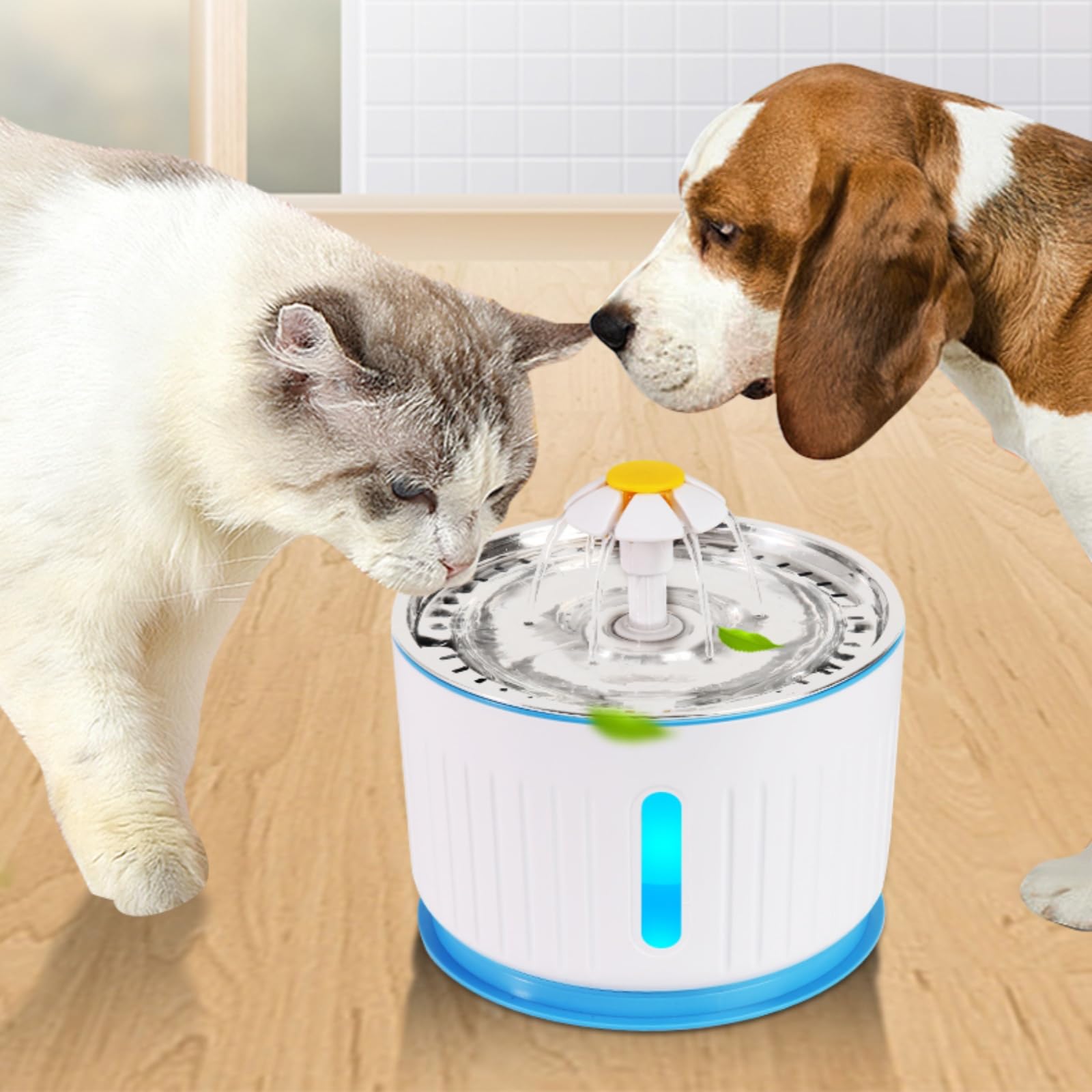 Cat Water Fountain With Stainless Steel Drinking Tray - Large Capacity Automatic Pet Water Dispenser For Cats & Small Dogs, Led 
