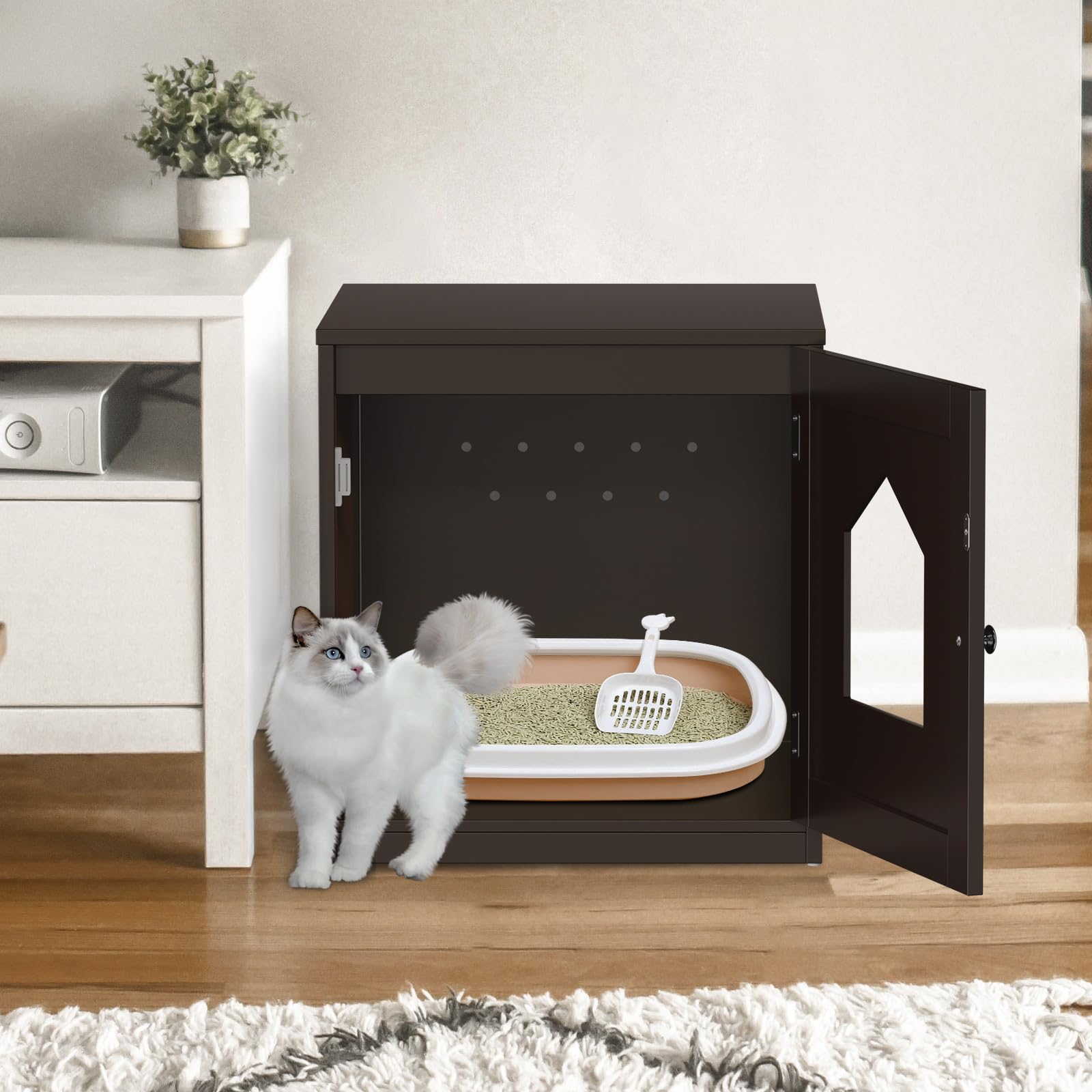 Zeny Cat Litter Box Furniture Hidden, Enclosed Cat Litter Box With Vent Holes, Indoor Cat Box Cabinet, Wooden Cat Washroom, End