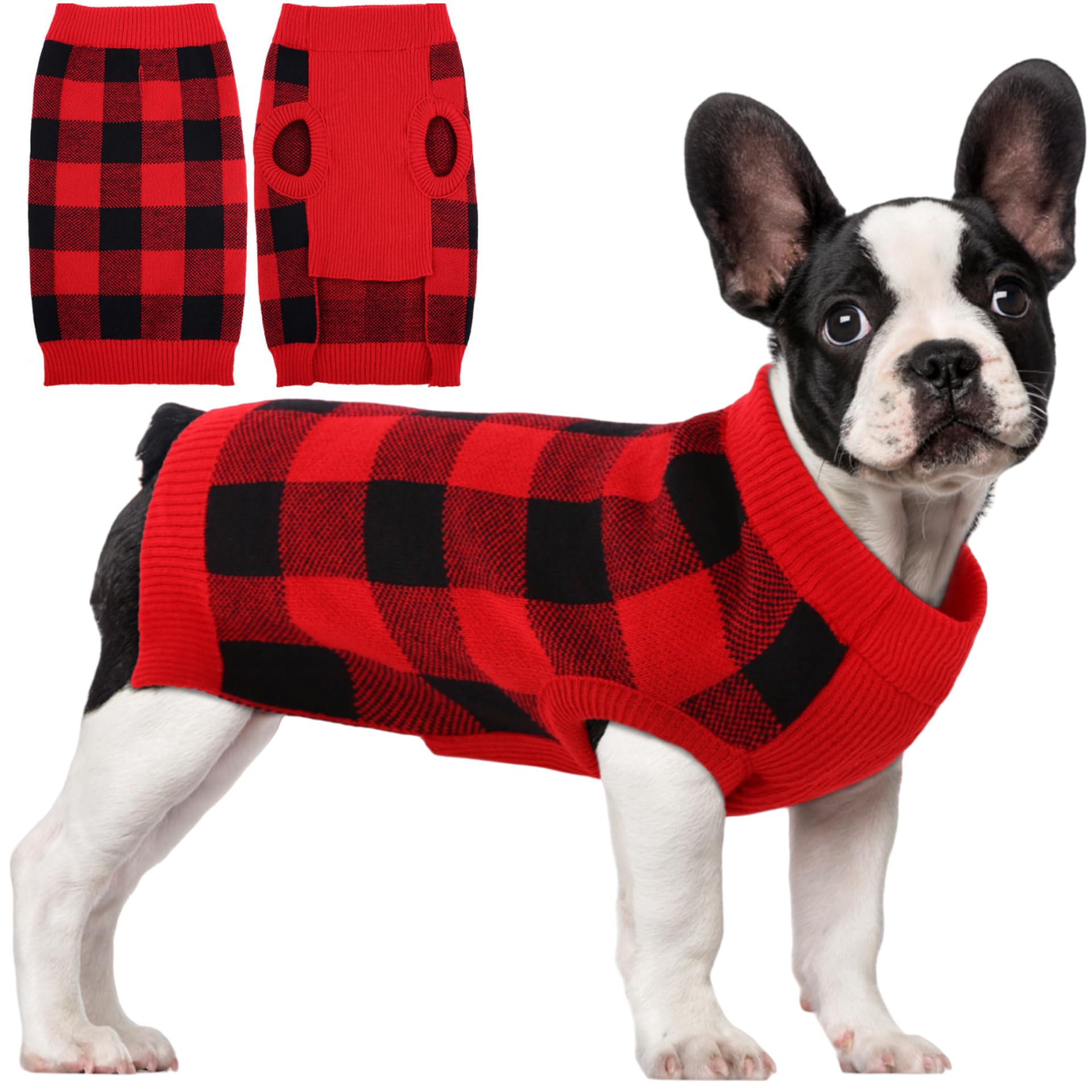 Qbleev Dog Sweater With Leash Hole, Dog Christmas Sweater Classic Plaid Vest Knitwear Puppy Sweaters Warm Winter Pullover Dog Sw