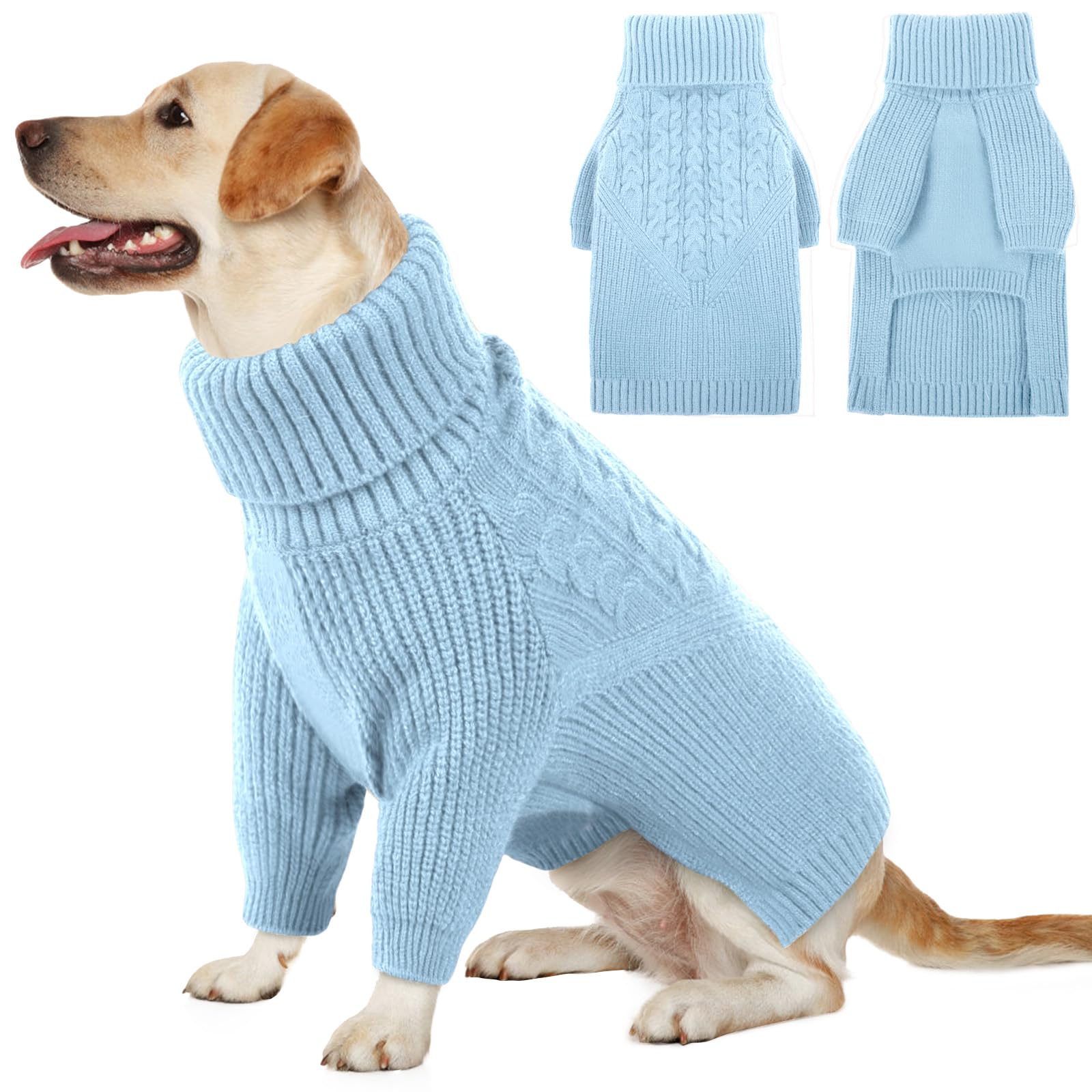 Queenmore Puppy Dog Sweeters - Long Sleeves Turtleneck Winter/Fall Sweater For Medium, Large Dogs; Solid Blue Knit; Christmas Th
