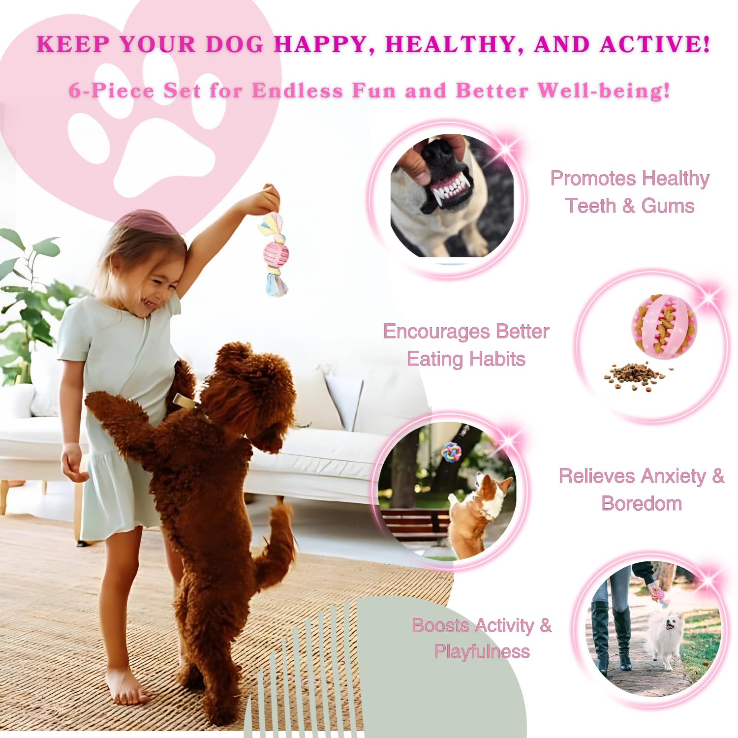 Pink Puppy Toys, 6- Pack Teething Chew Toys, Soft Durable Rubber Teething Toys For Puppies Small Breeds, Eco-Friendly, Interacti