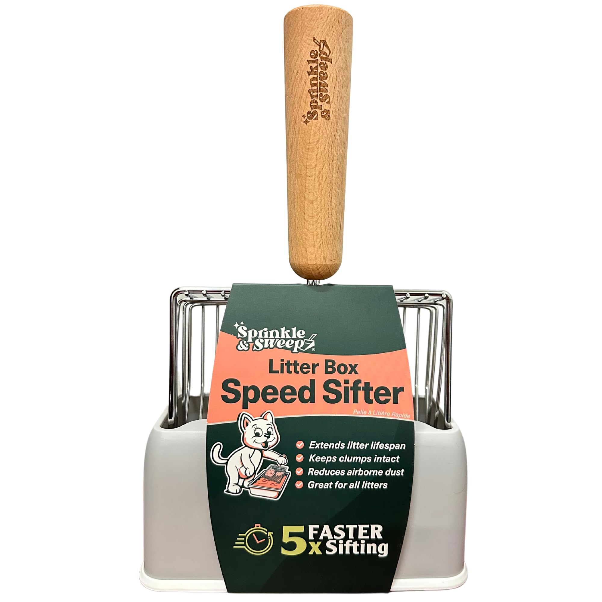 Sprinkle & Sweep Metal Cat Litter Scoop - Heavy Duty Litter Scooper & Speed Sifter With Comfortable Beech Wood Grip - Washable Convenient Stand For Easy And Efficient Cleaning