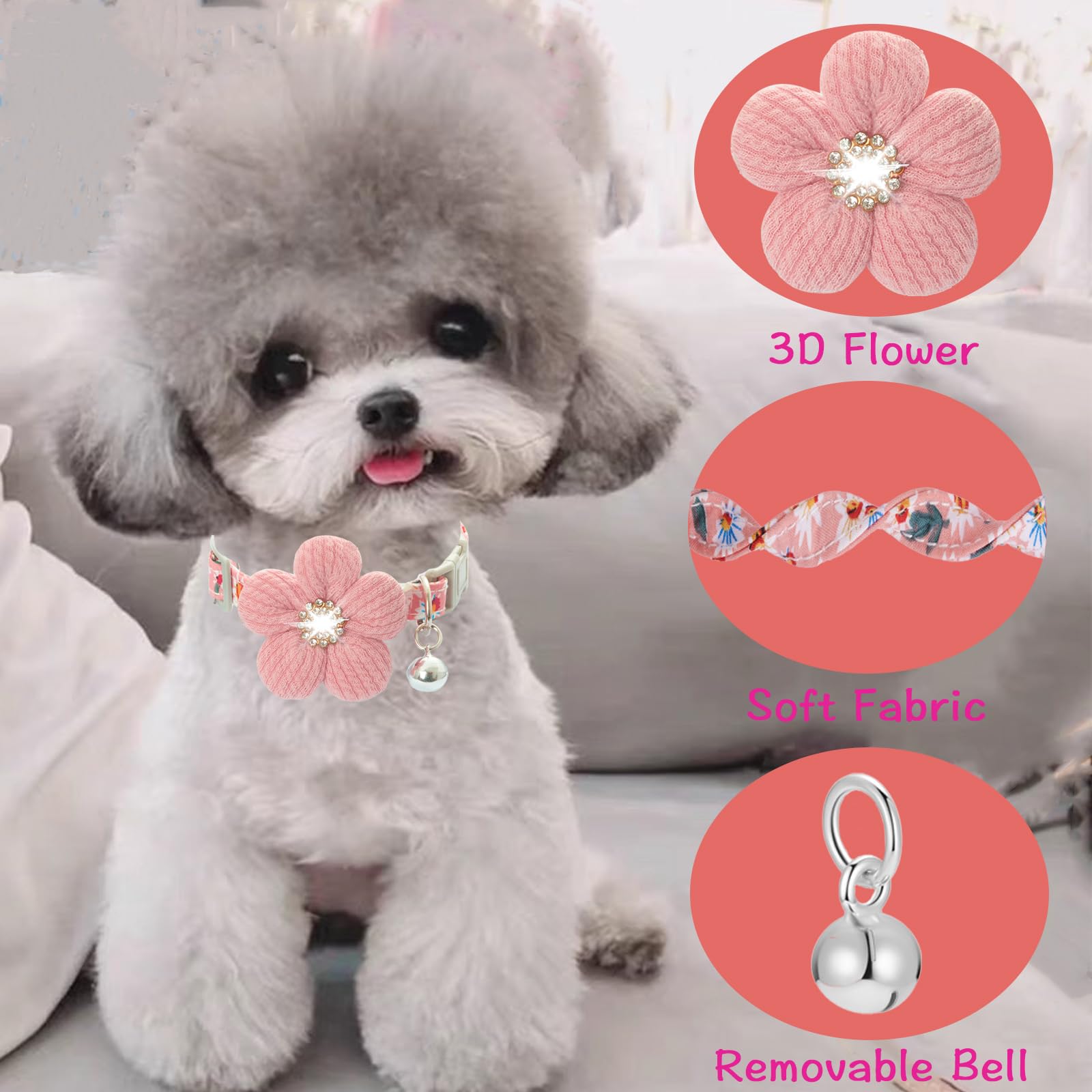 Small Dog Collar With Flower, Puppy Collar For Girl Dog Collars For Small Dogs Cute Dog Collar With Bell, Adjustable Length (Pin