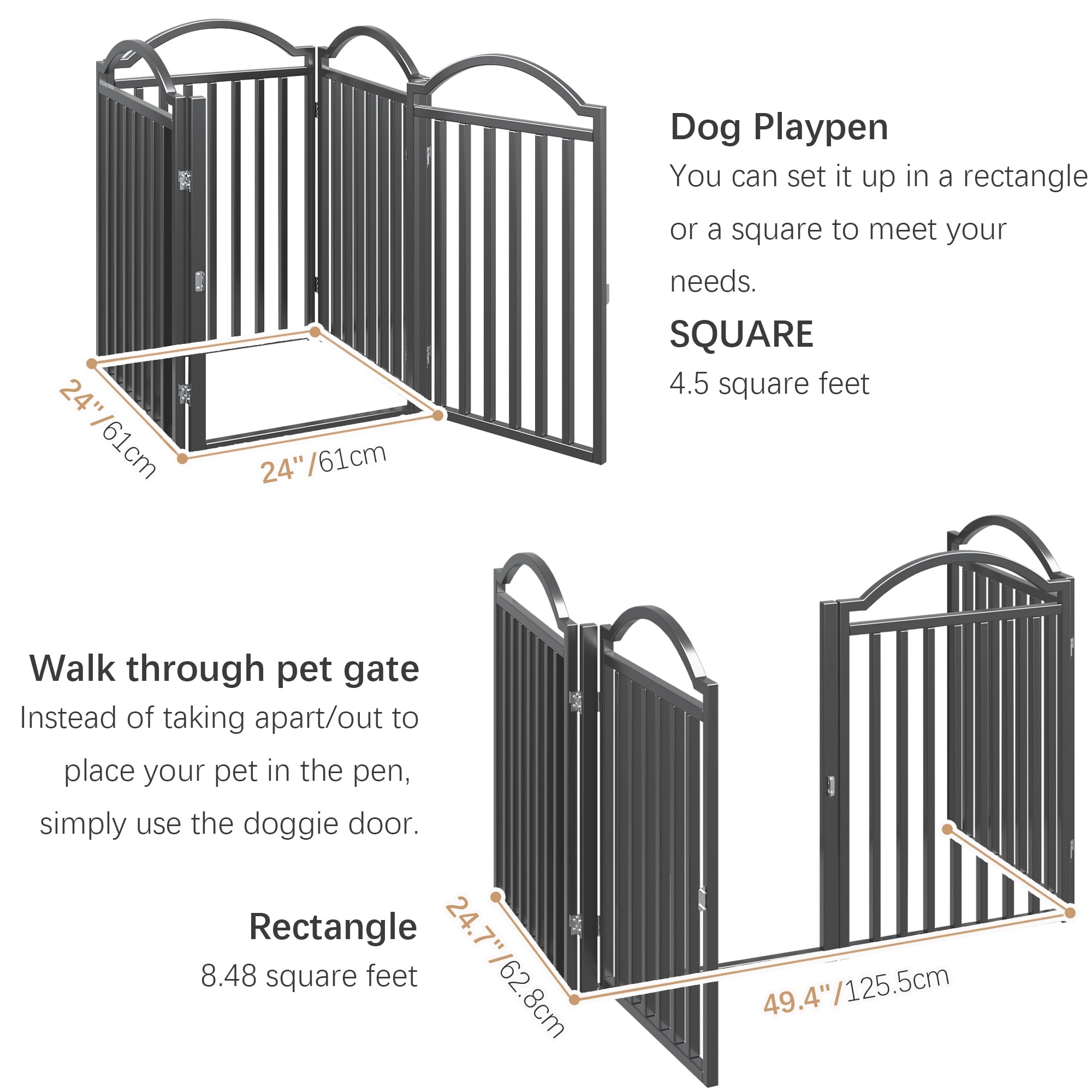 Bhg Metal No-Assembly Freestanding Dog Gate With Door Walk Through, Extra Wide 96'', Extra Tall 32'' Pet Gate, Accordion Puppy F