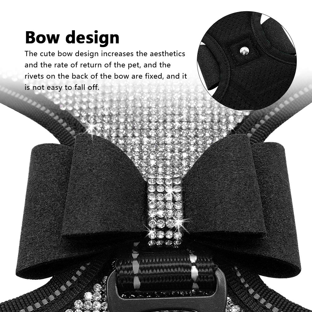 Beirui Rhinestone Dog Harness - Reflective Bling Nylon Dog Vest With Sparkly Bow Tie For Small Medium Large Dogs Walking,Party And Wedding,Black,S