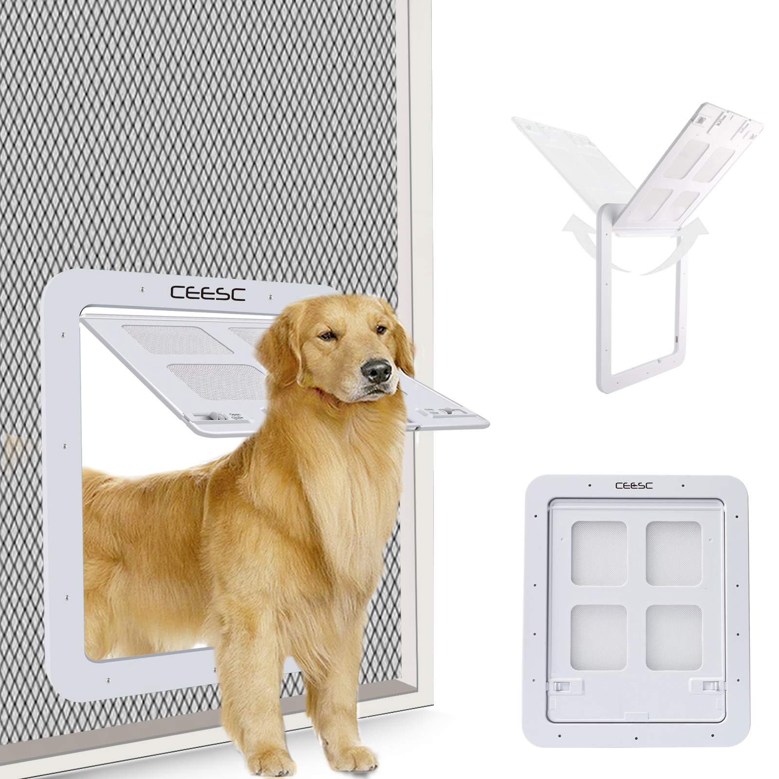 Ceesc Dog Screen Door (Outer Size 14.56' X 16.92'), Lockable Pet Screen Door For Dogs & Doggie, Doggie Door For Screen Door(Large, White)