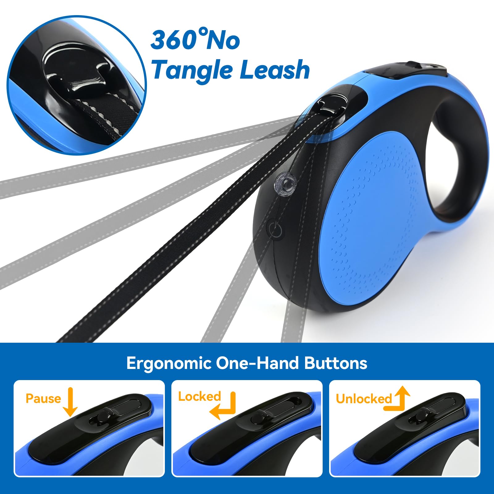 Odriew 16Ft Heavy Duty Retractable Dog Leash With Chew Proof Cable-For Dog Up To 110Lbs, With Rechargeable Led Light, Dispenser,
