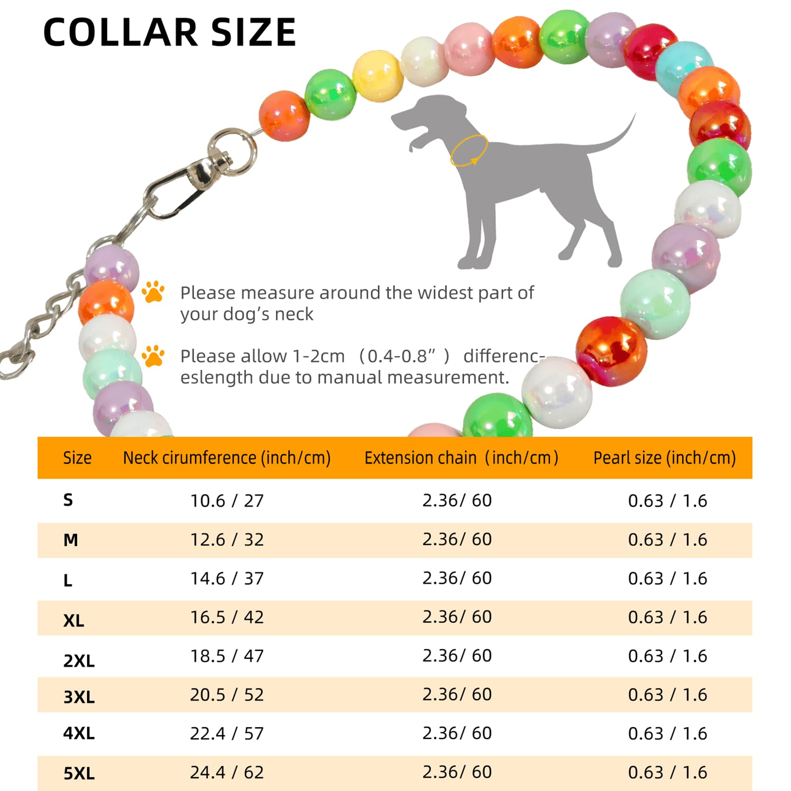 Hosiwei Handmade Rainbow Beaded Dog Necklace (Beads 16Mm) With Strong Stainless Steel Wire Rope, Adjustable Vibrant Candy-Colore