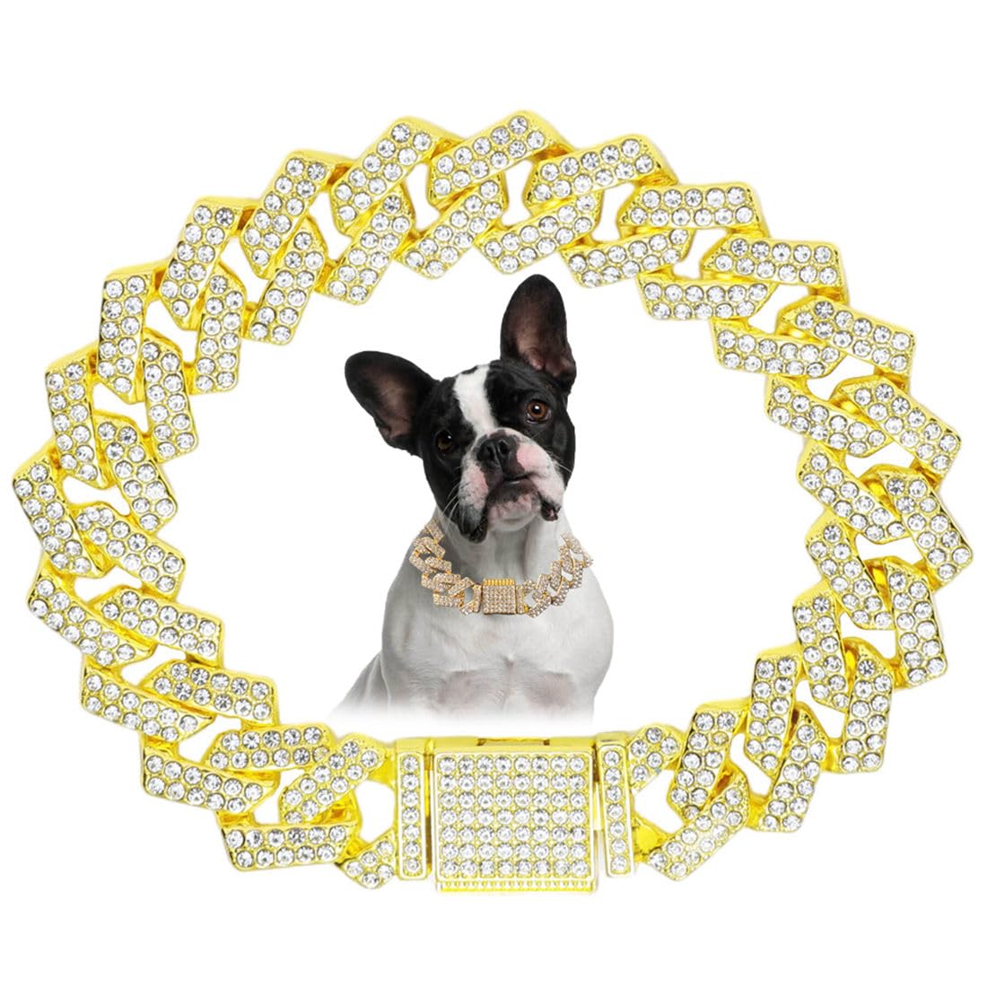 Golden Chain Dog Collar, Rhinestone Dog Necklace Puppy Collars Glitter Chain Bling Diamond Cuban Link For Small Medium Large Pet
