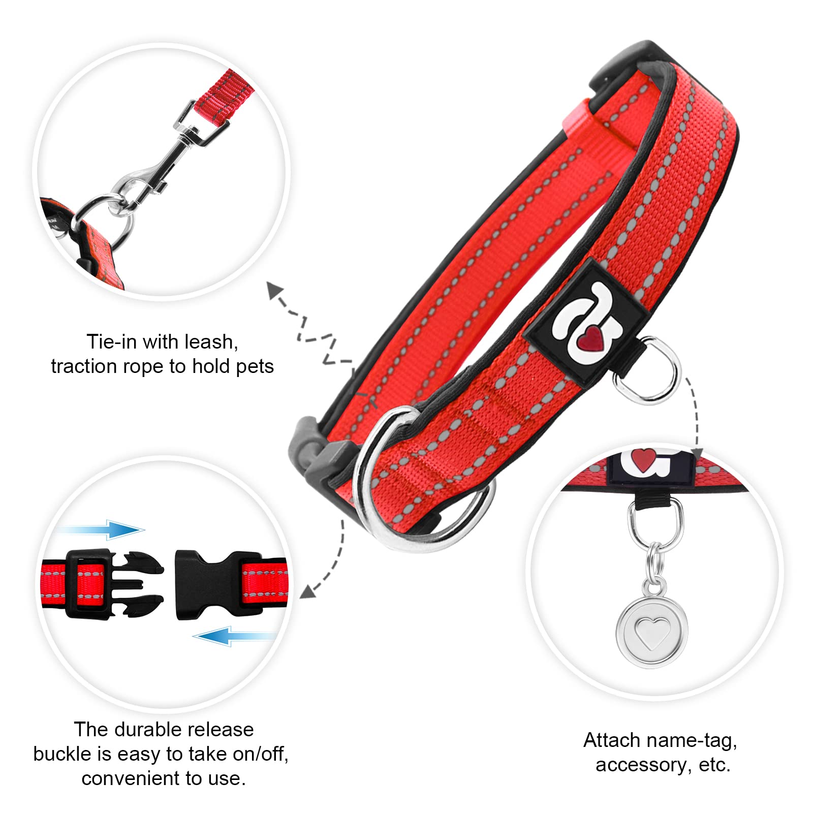 Azuza Reflective Dog Collar,Soft Neoprene Padded Pet Collar With Id Tag Ring,Adjustable For Large Dogs,Red,L
