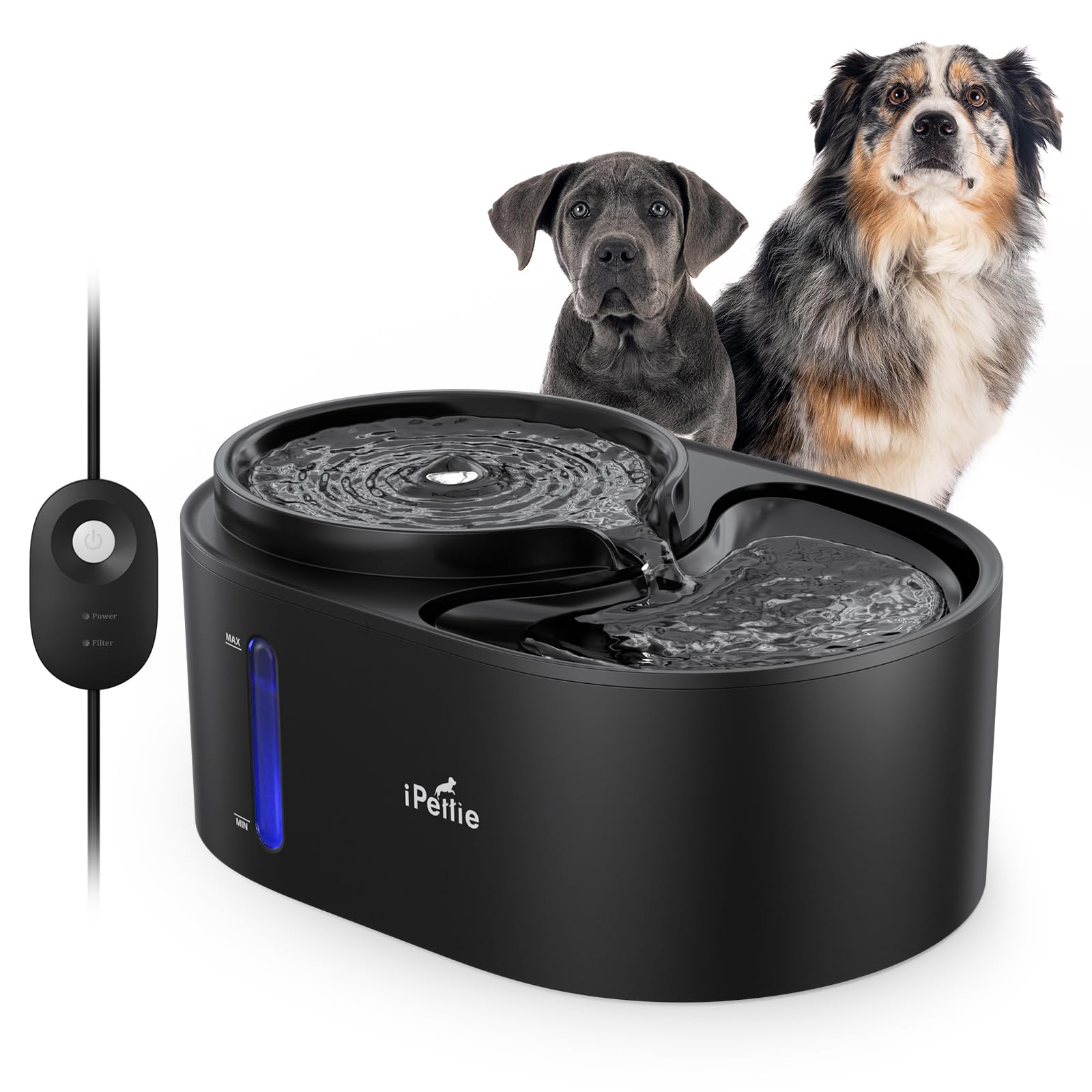 Ipettie Waterfall Dog Water Fountain, Hygienic 5-Stage Filtered Water, 2 Heights To Drink From, Water Shortage Alert, Night Ligh