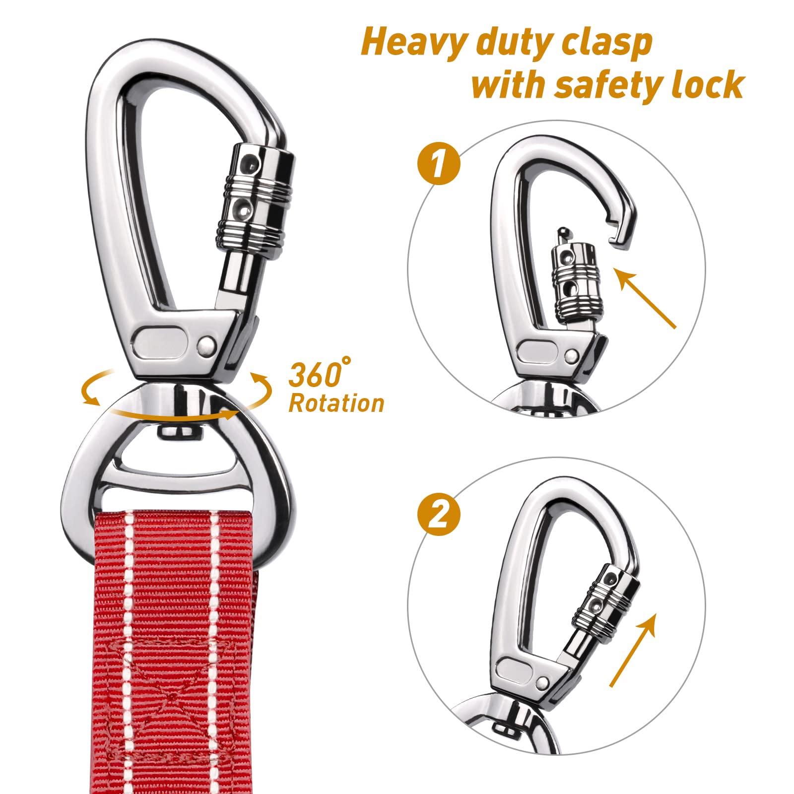 Aubell Dog Leash, Reflective Dog Leash Heavy Duty Dog Leash With Car Seat Belt And Padded Handle, Tactical Dog Leashes For Walking,Training Lead For Large Medium Dogs, 6Ft Strong Bungee Dog Leash, Red