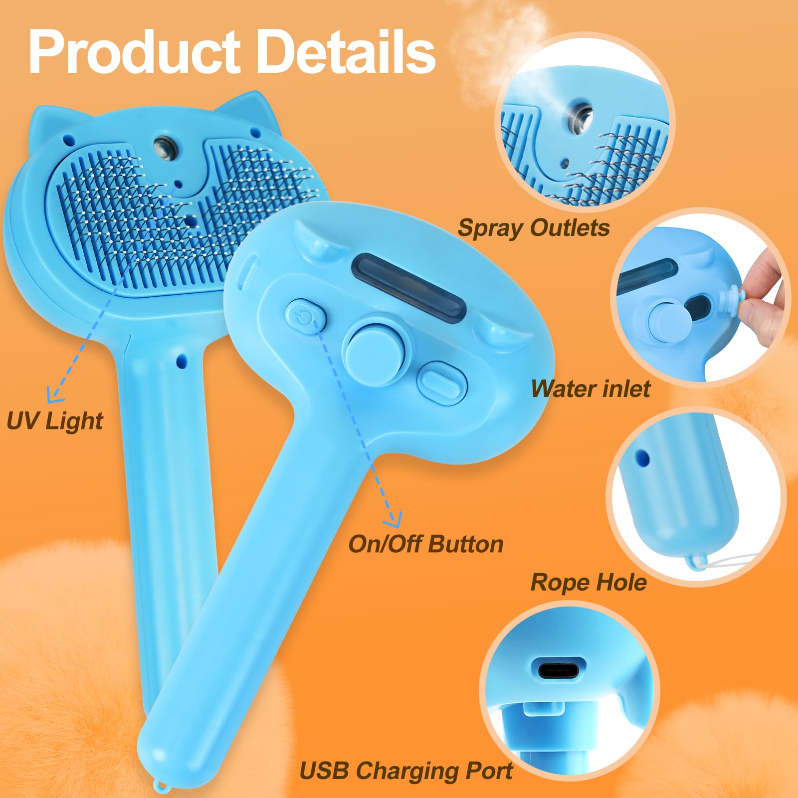 Cat Steam Brush For Shedding, 4 In 1 Steamy Cat Brush With Release Button, Self Cleaning Metal Pet Misting Hair Comb With Handle