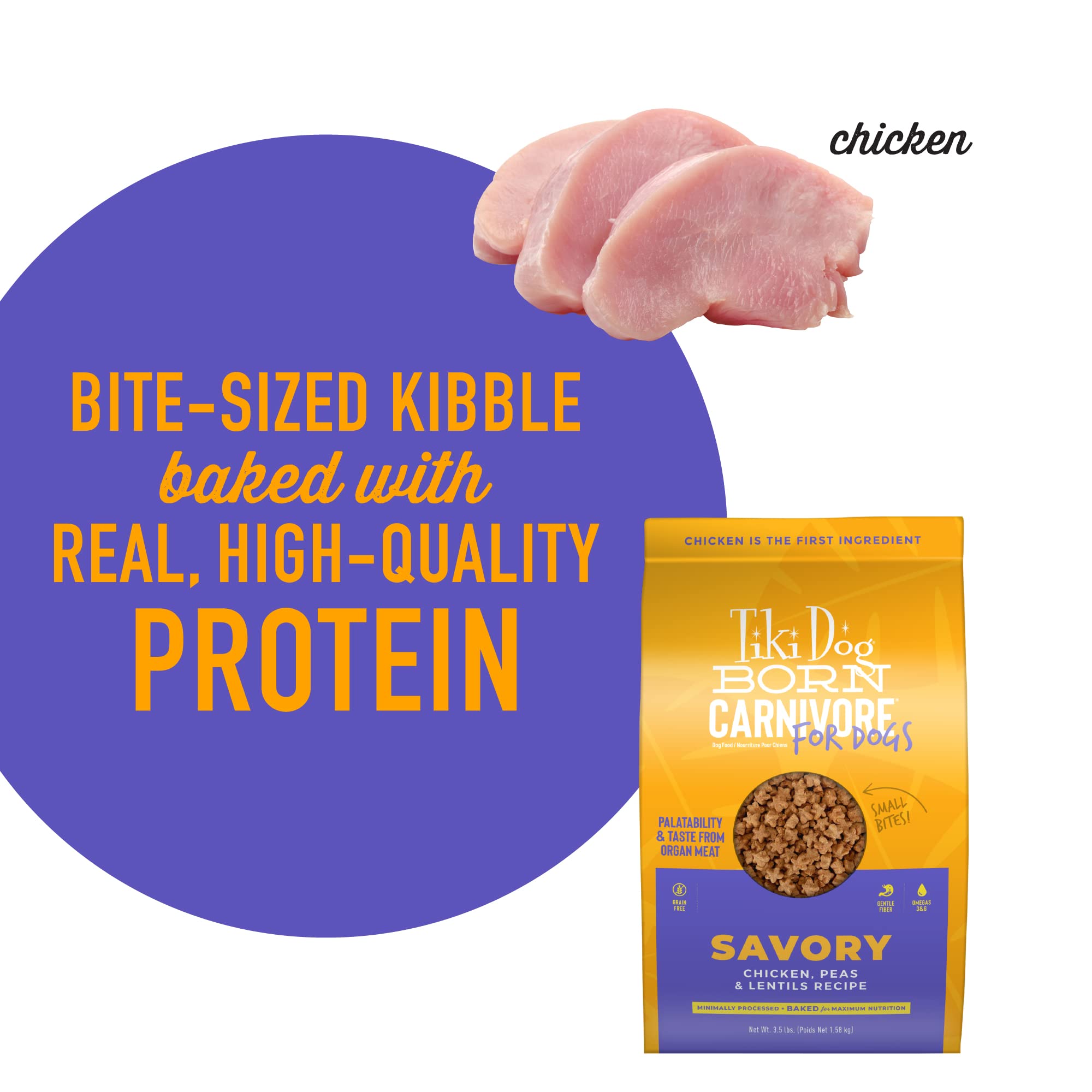 Tiki Dog Born Carnivore for Dogs, Savory Chicken, Peas & Lentils Recipe, Grain Free Baked Kibble for Maximum Nutrition, For Adul