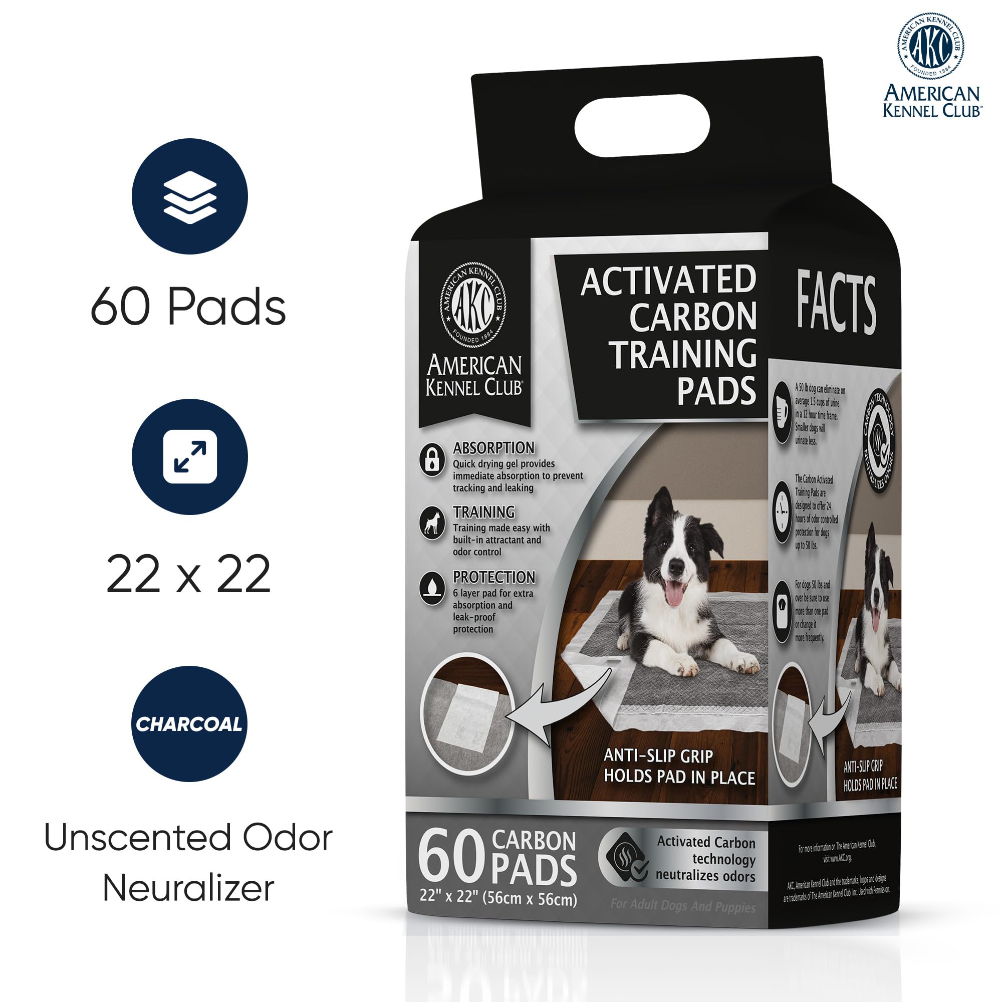 American Kennel Club Charcoal Puppy Training Pads, with Anti-Slip Adhesive Backing, Quick Dry Gel and Activated Carbon Odor Cont