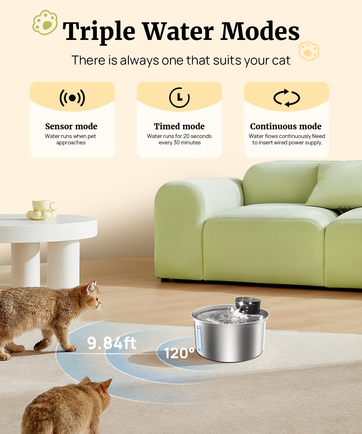 Wireless Cat Water Fountain Stainless Steel, 2025 Upgraded New Sensor - 3 Work Modes, 6000Mah Battery Operated Cat Water Fountai