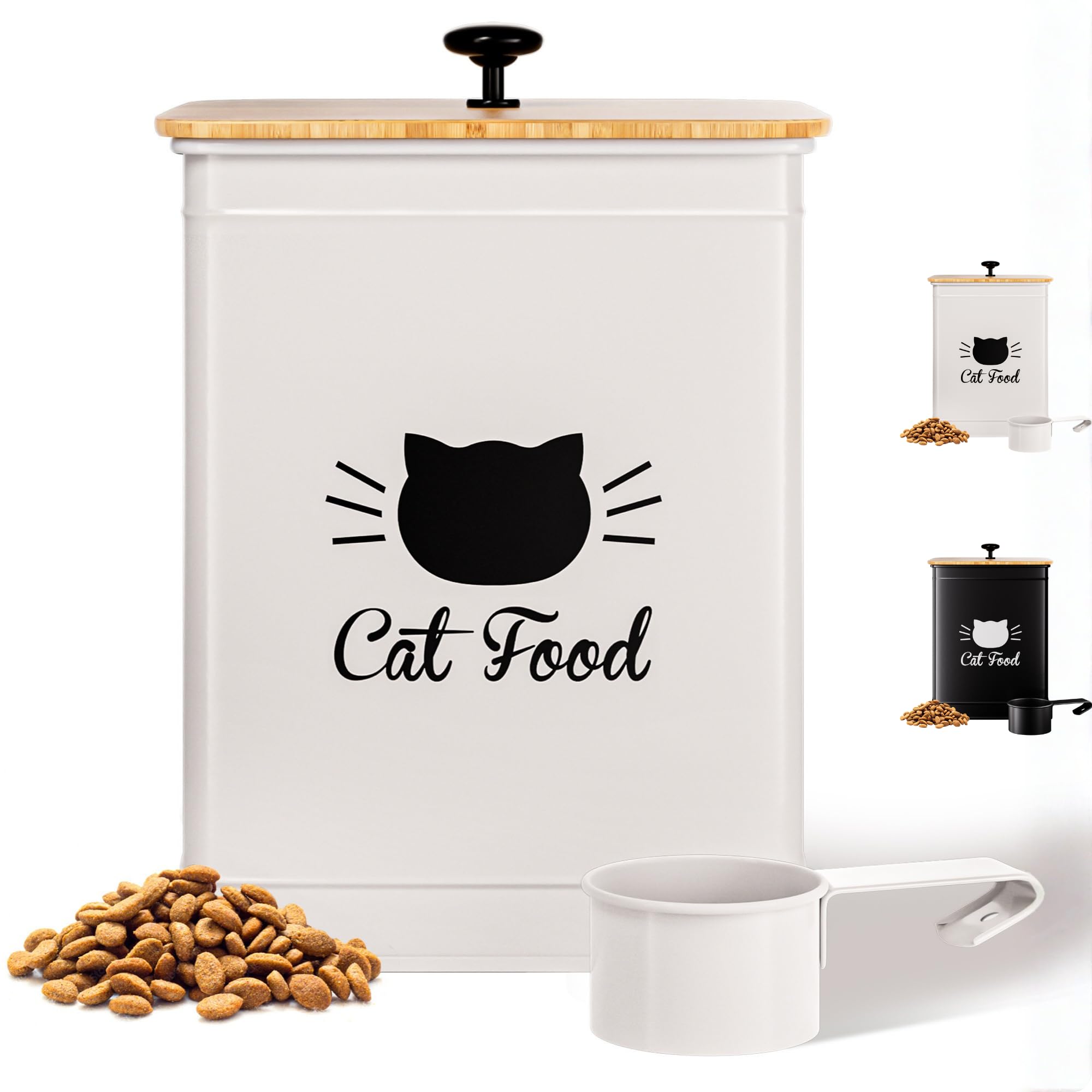 Cat Food Storage Container with Scoop - 5-7 lb (25 Cup) Capacity Metal Cat Food Container with Airtight Bamboo Lid and Metal Sco