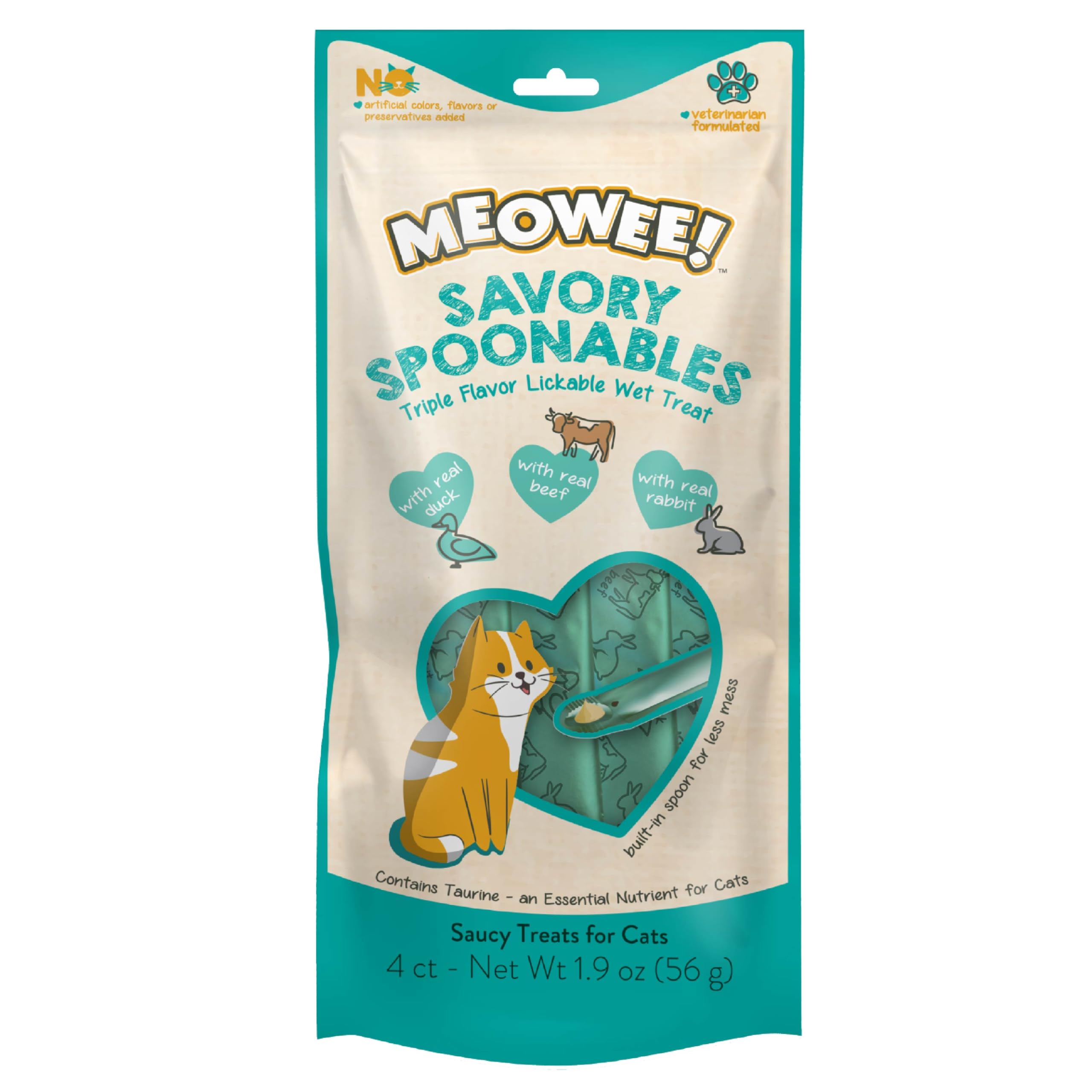 MEOWEE! Savory Spoonables with Real Duck, Beef and Rabbit for Cats, 4 Count, Treat Your Cat to Triple Flavor Squeezable Lickable