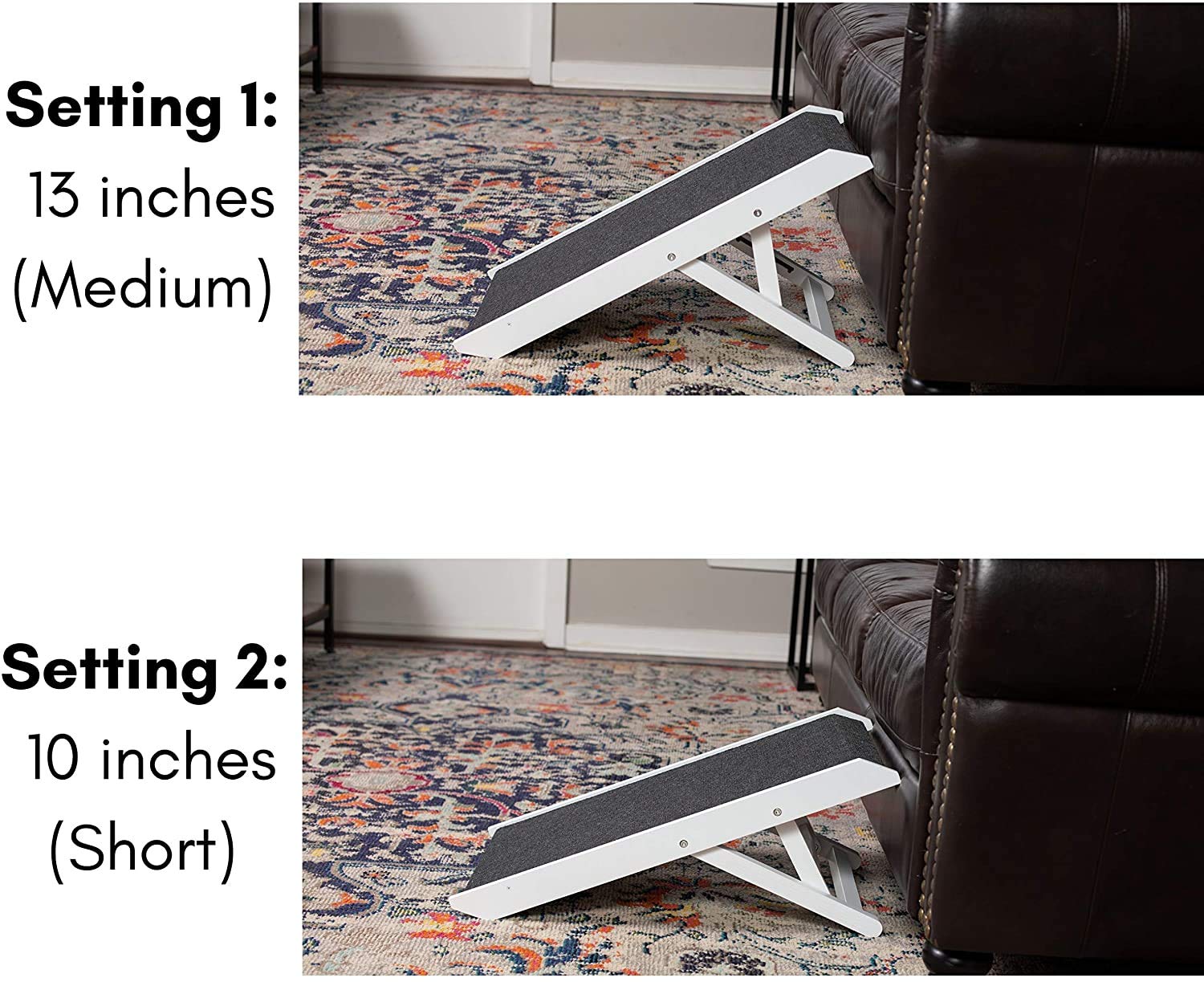 Birdrock Home Adjustable Dog Ramp For Low Beds Or Couches - Small Dogs Or Cats Only - Decorative Wooden Folding Doggie Ramps - Paw Friendly Grip Carpet - White 13'