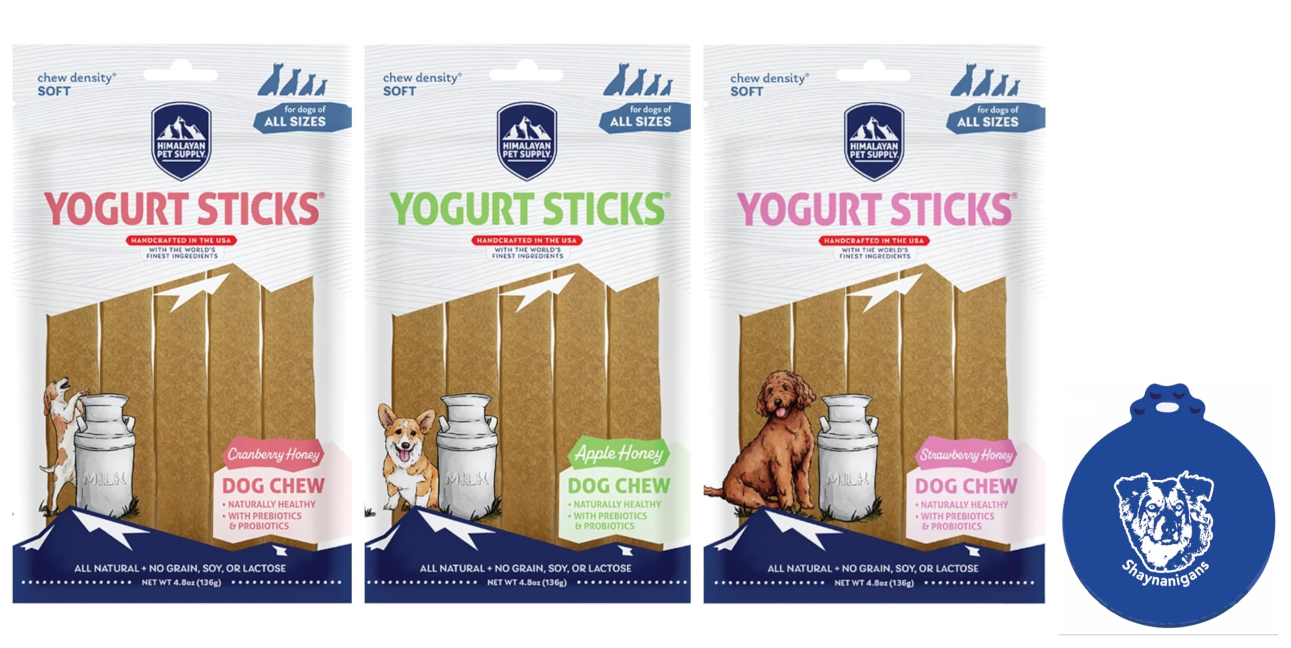 Himalayan Pet Supply Yogurt Sticks Dog Treats in 3 Flavors with Honey: 1 Strawberry, 1 Cranberry & 1 Apple Flavor (3 Bags Total,