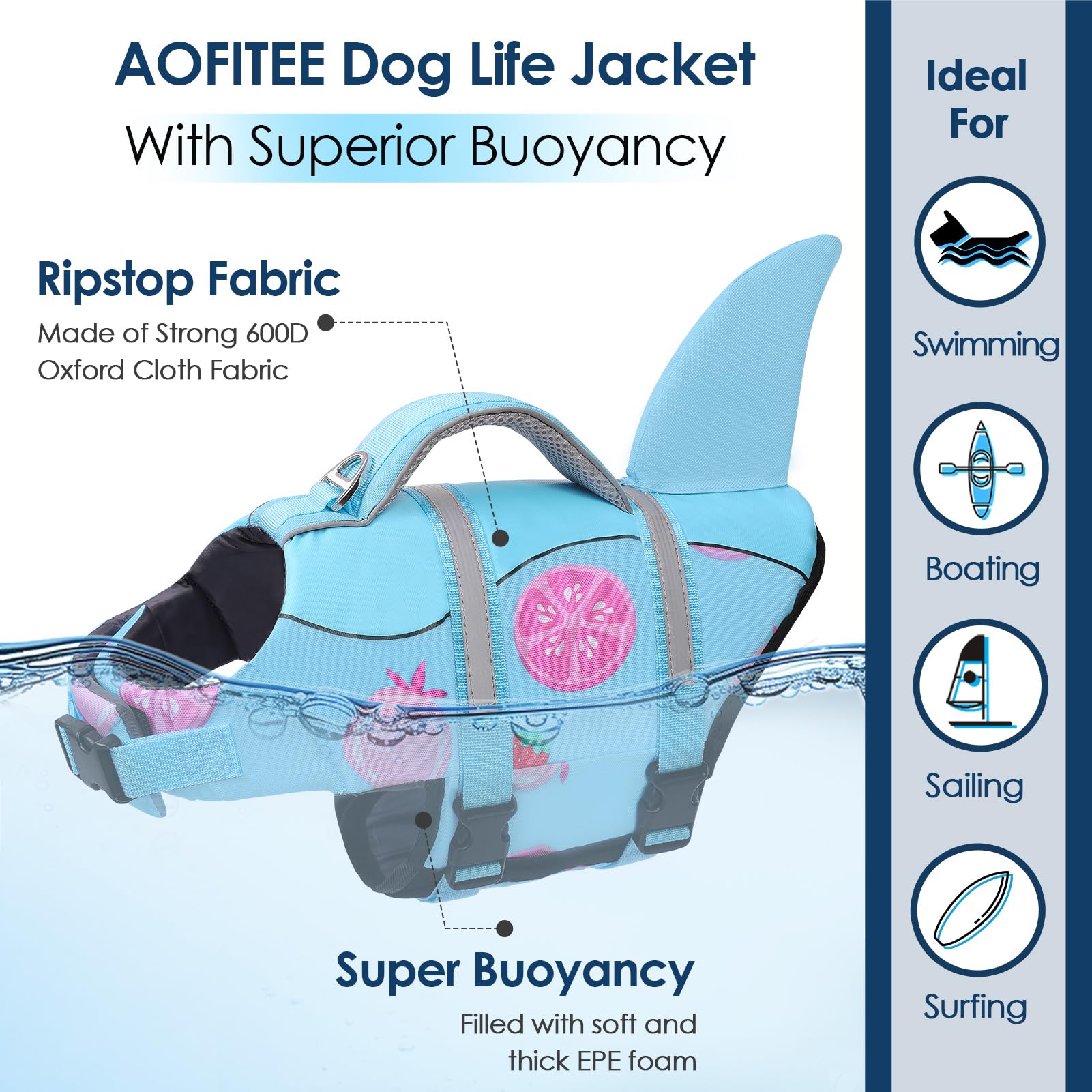 Aofitee Dog Life Jacket Small, High Flotation Shark Dog Life Vest, Reflective Dogs Lifesaver For Swimming Boating, Ripstop Dogs