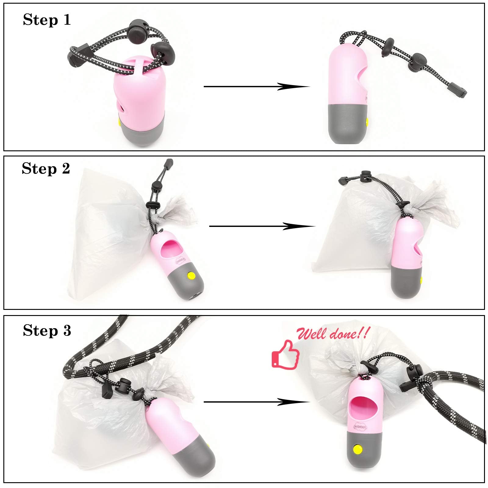 Dog Poop Bags Holder With Led Flashlight|Pet Waste Bags Dispenser For Leash|Doggie Potty Bags Container With Leak-Proof Pet Trash Bags And Accessories (2 Holders 30 Bags, Pink)