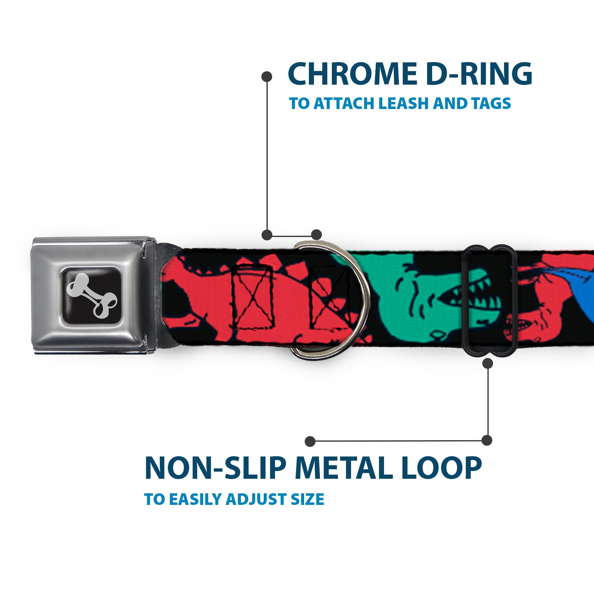 Buckle-Down Seatbelt Buckle Dog Collar - Dinosaurs Black/Multi Color - 1' Wide - Fits 15-26' Neck - Large
