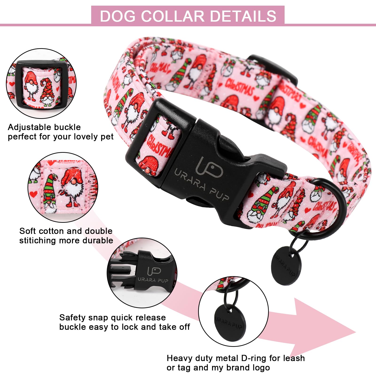 Up Urara Pup Christmas Dog Collar, Cotton Pink Christmas Collar For Medium Girl Boy Dog, Comfortable Dog Collar With Durable Buc