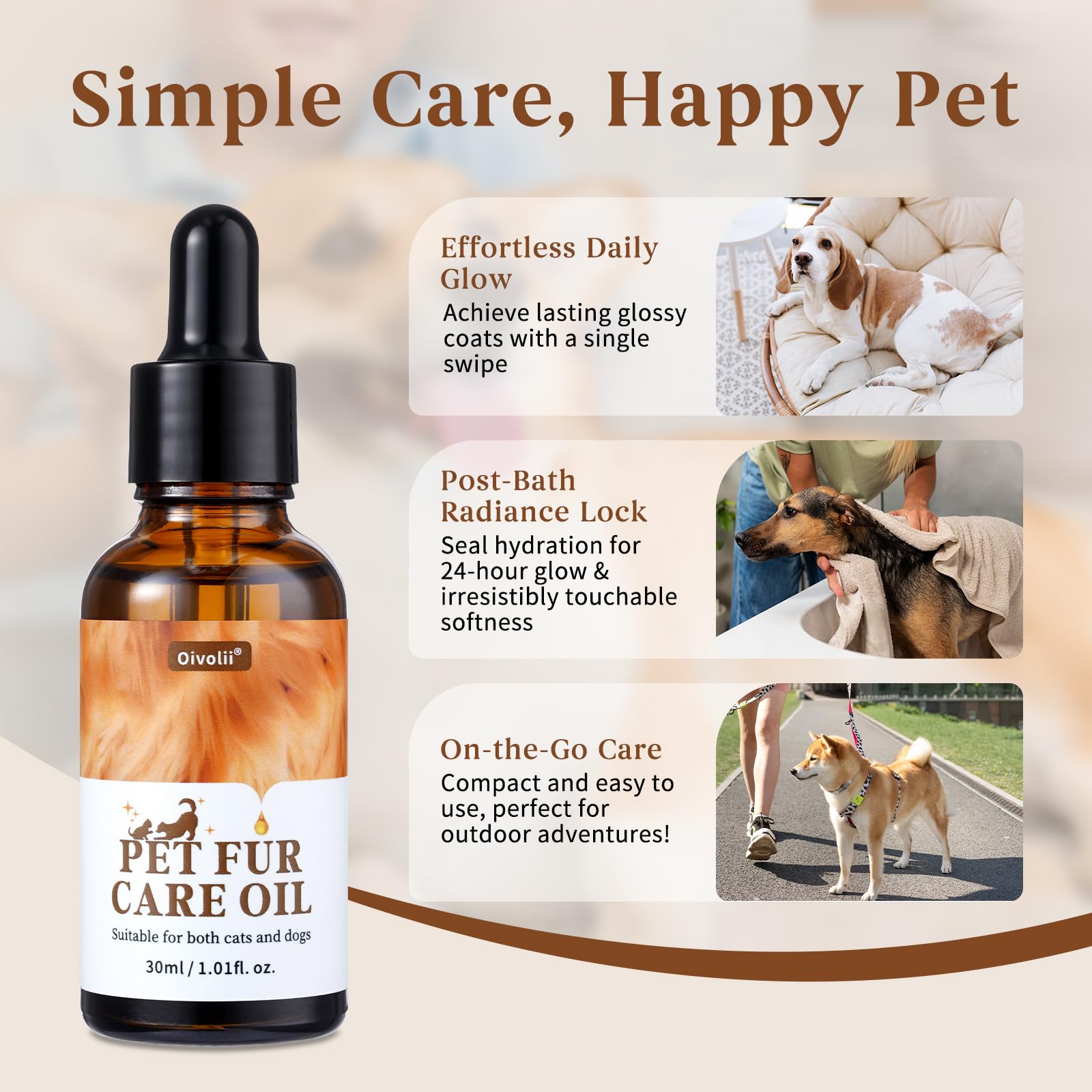 Oivolii Pet Fur Care Oil ? Leave-in Conditioner for Dogs & Cats, Reduces Shedding, Moisturizes & Restores Natural Coat Luster, 1.01 fl. Oz