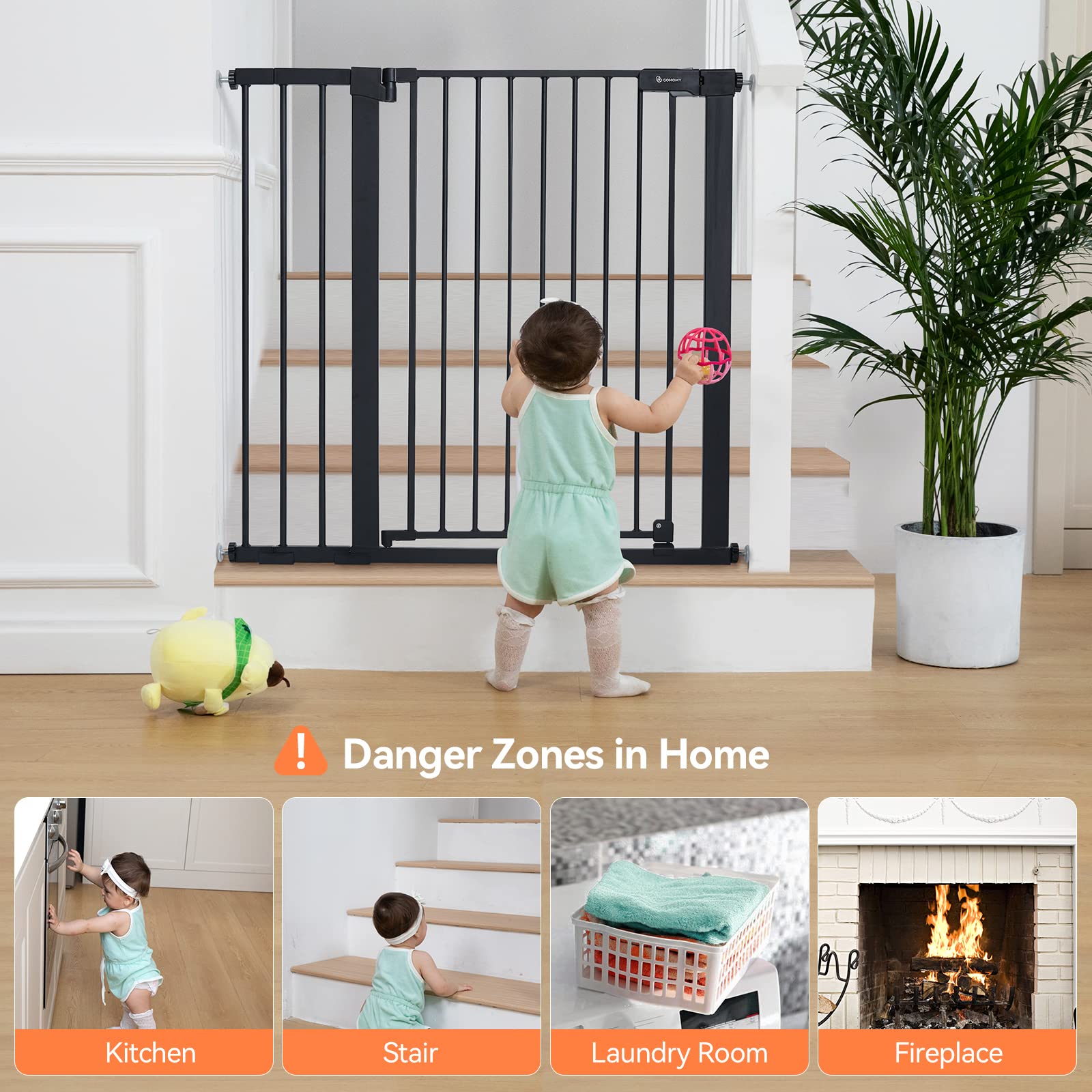 Comomy 36' Extra Tall Baby Gate For Stairs Doorways, Fits Openings 29.5' To 48.8' Wide, Auto Close Extra Wide Dog Gate For House, Pressure Mounted Easy Walk Through Pet Gate With Door, Black
