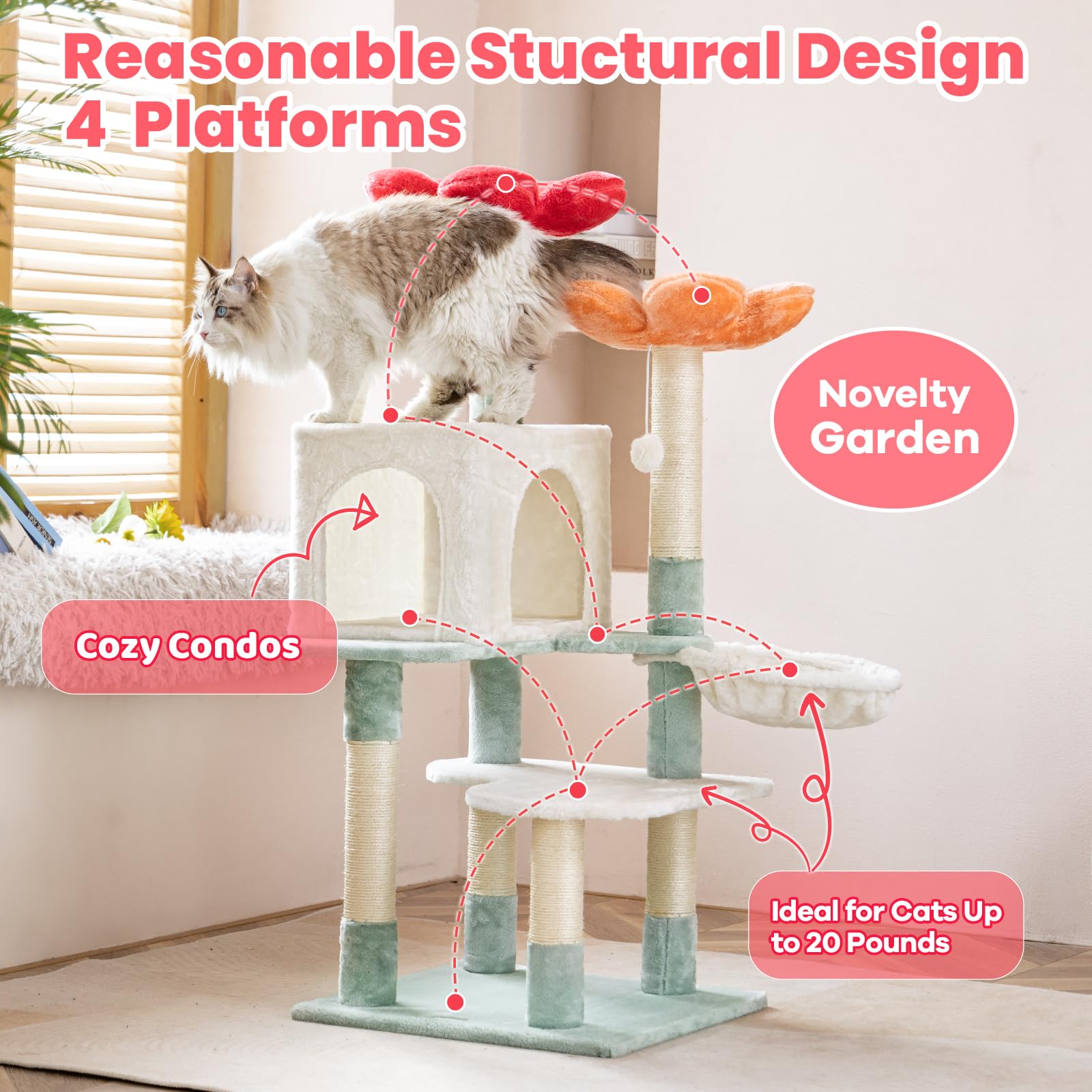 Hyabi 48 Inch Modern Cat Tree Tower With Hanging Basket & Flower Design - Multi-Level Cat Furniture With Plush Perches, Scratch Posts, Toy Balls - Stylish Indoor Playhouse For Cats & Kittens