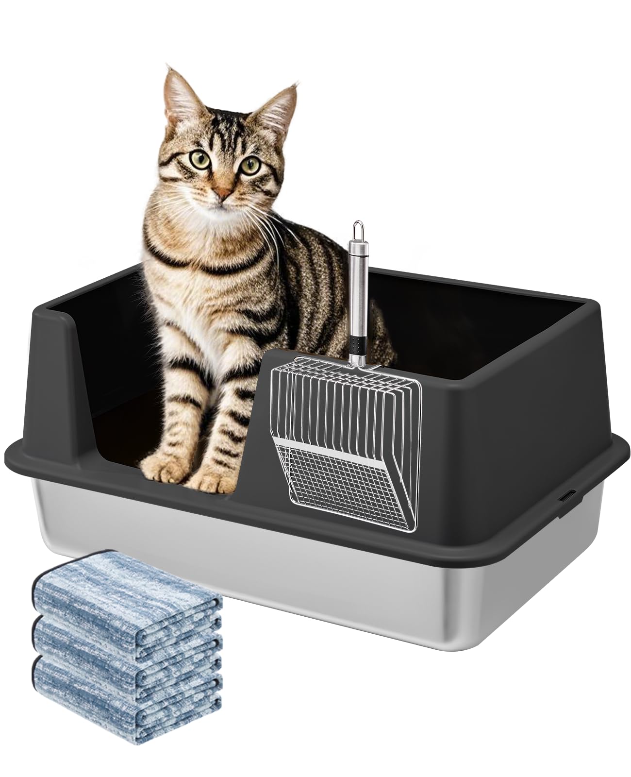 Stainless Steel Litter Box With Lid, Large Metal Cat Box For Big Cats, High Sided Kitty Litter Box With Scoop & Pee Pads, Open T