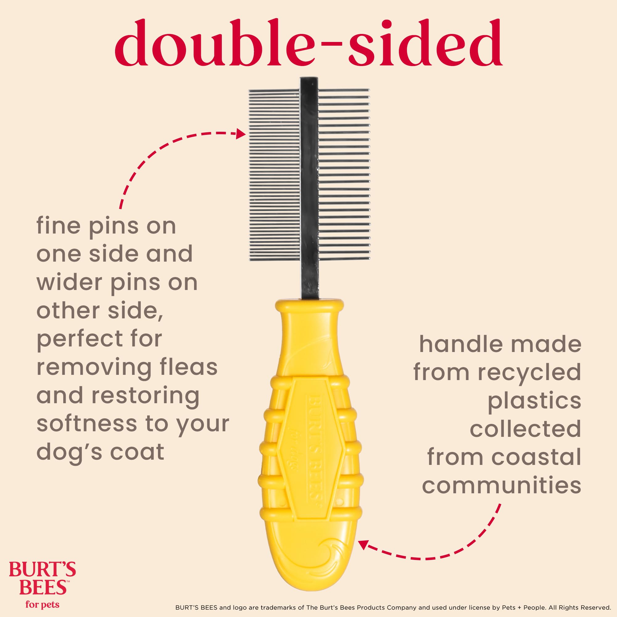 Burt'S Bees For Pets Dual Sided Grooming Comb With Handle From Recycled Plastics | 2-In-1 Tool For Pet Grooming And Flea Removal