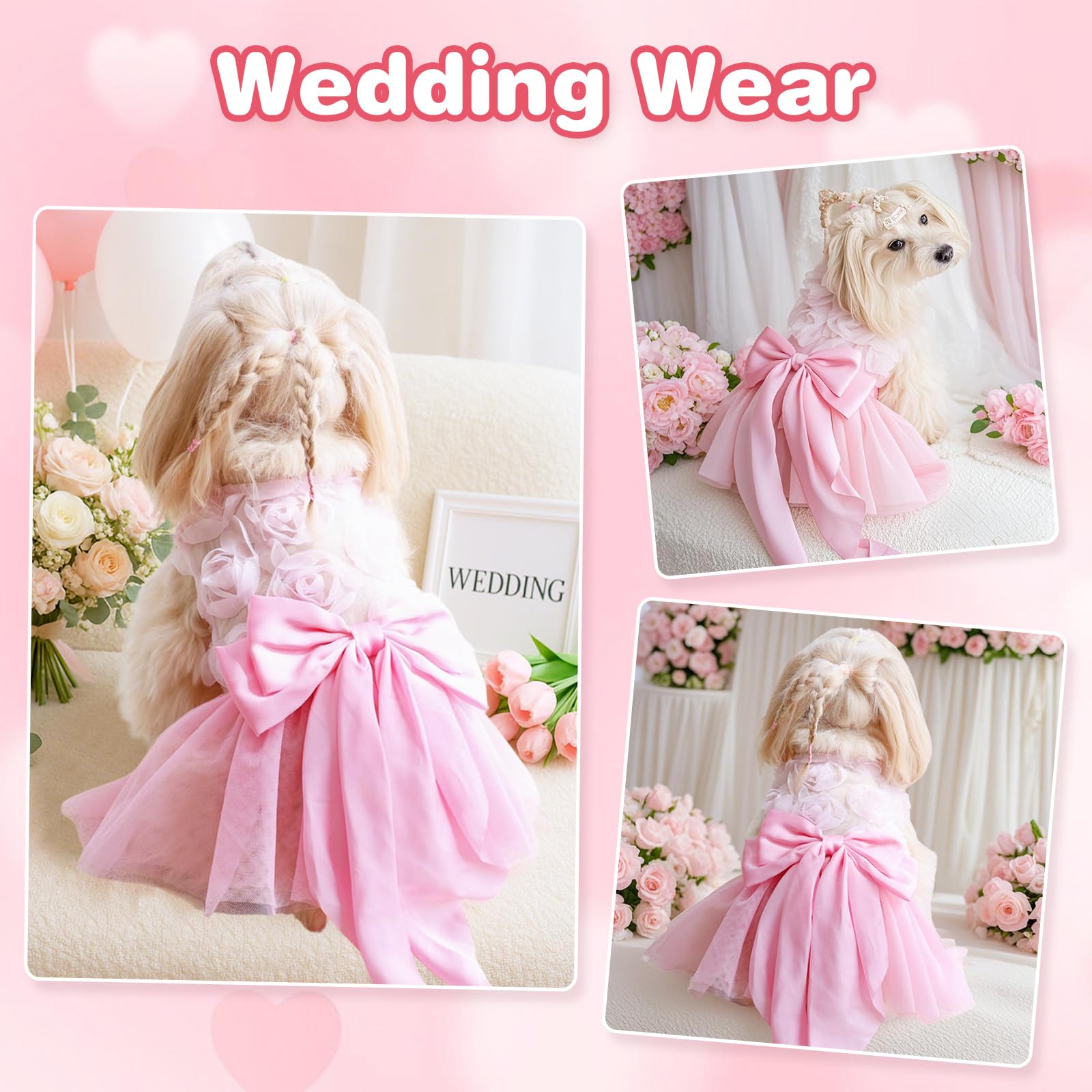 Yaopelky Small Dog Wedding Dresses Rose Flower Bowknot Dog Cat Dress Puppy Tulle Dress Doggie Tutu Skirt Cat Outfit Pet Costume