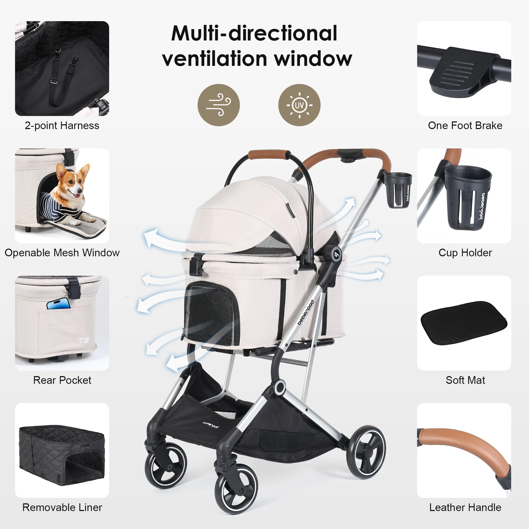 Beberoad Pets T3 Pro 3 In 1 Small Pet Stroller For Dog & Cats, 4 Wheels With Detachable Carrier With Pad, Canopy And Cup Holder,
