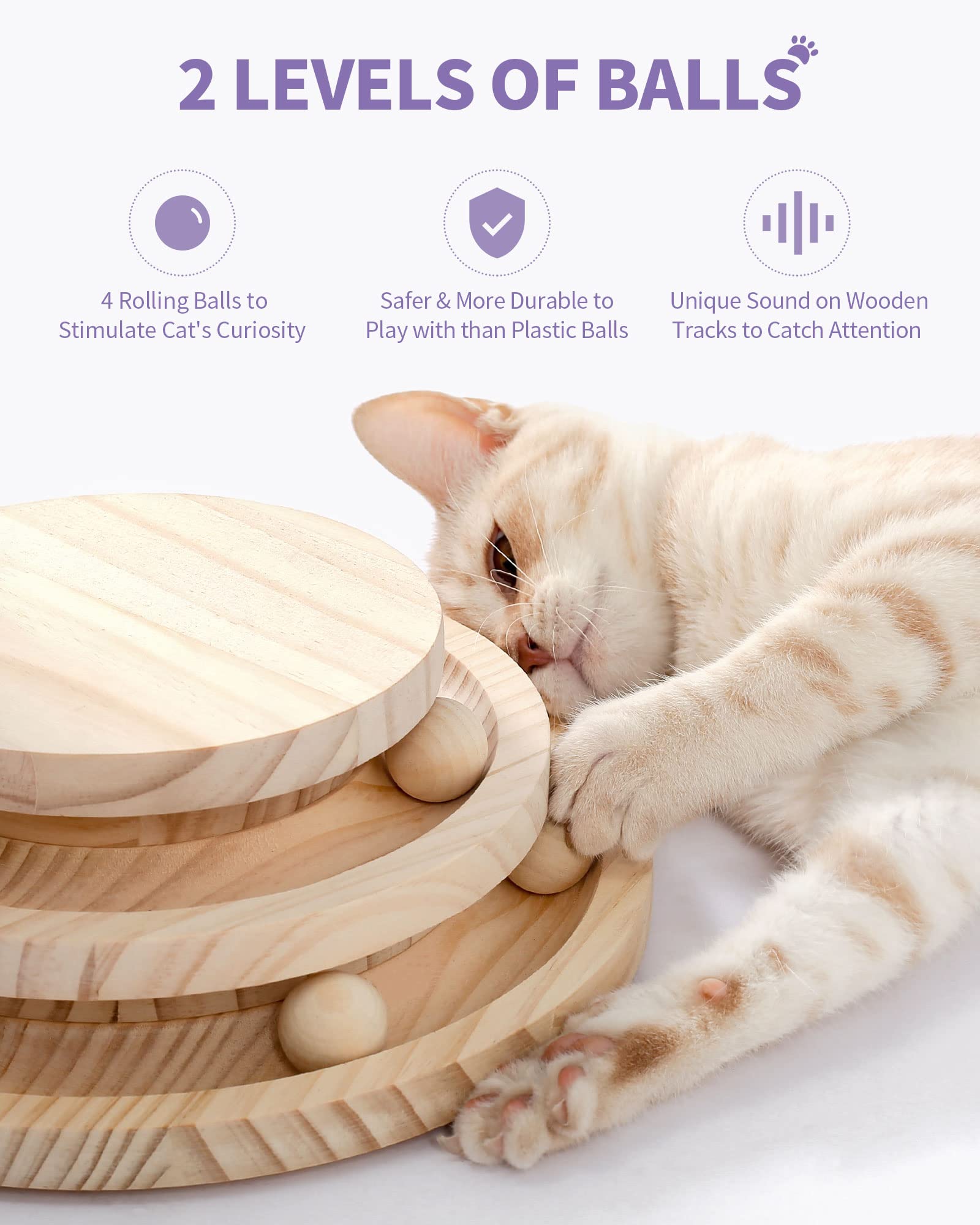 Made4Pets Cat Scratching Post Cat Scratcher Kitten Toys For Indoor Cats Wooden Ball Track Two-Layer Modern Sisal 17.7' Tall Scratch Post Interactive Toy With Dangling Ball