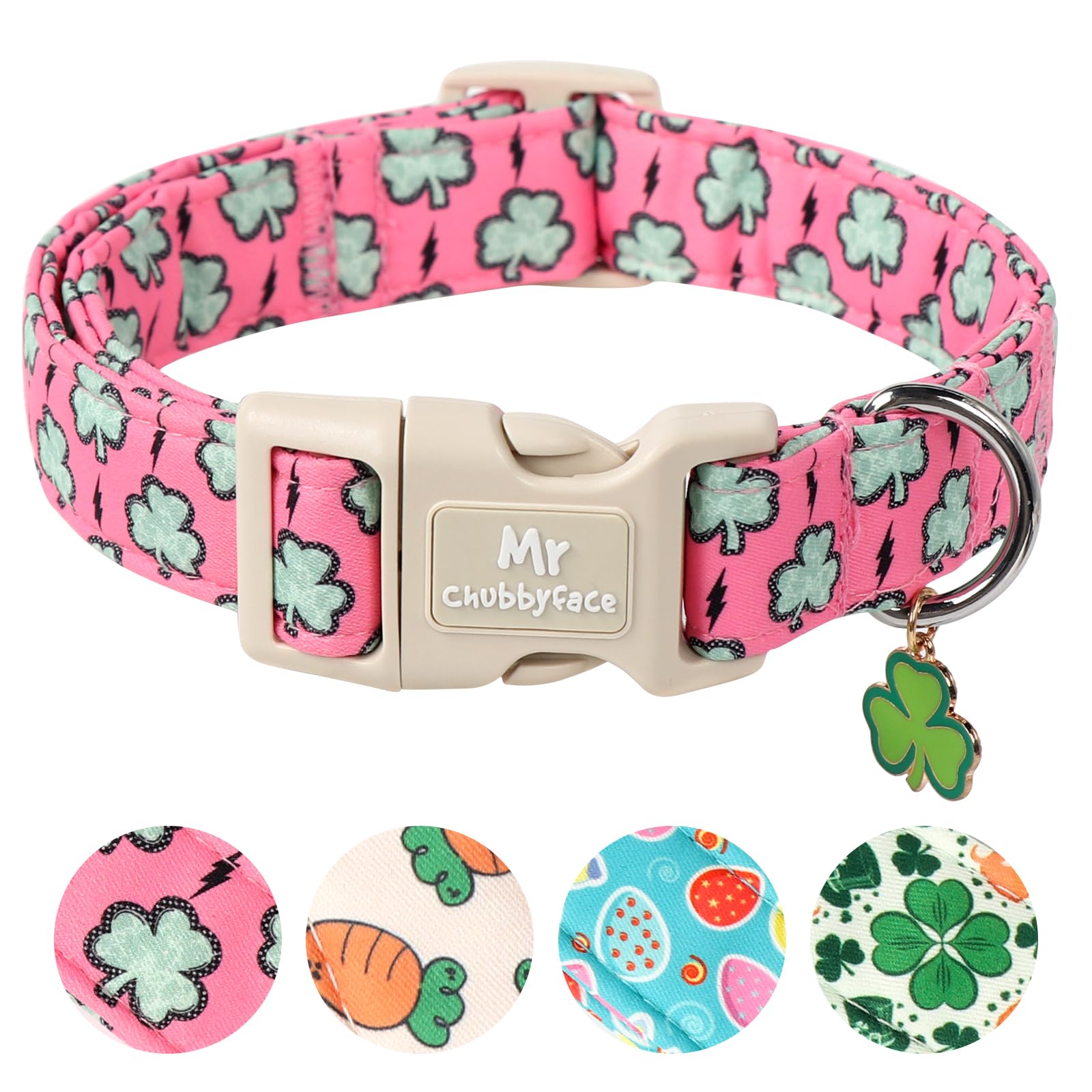 Mr.Chubbyface St. Patrick'S Dog Collar,Pink Clover Shamrock Pet Collar With Quick Release Buckle, Durable Adjustable Spring Coll
