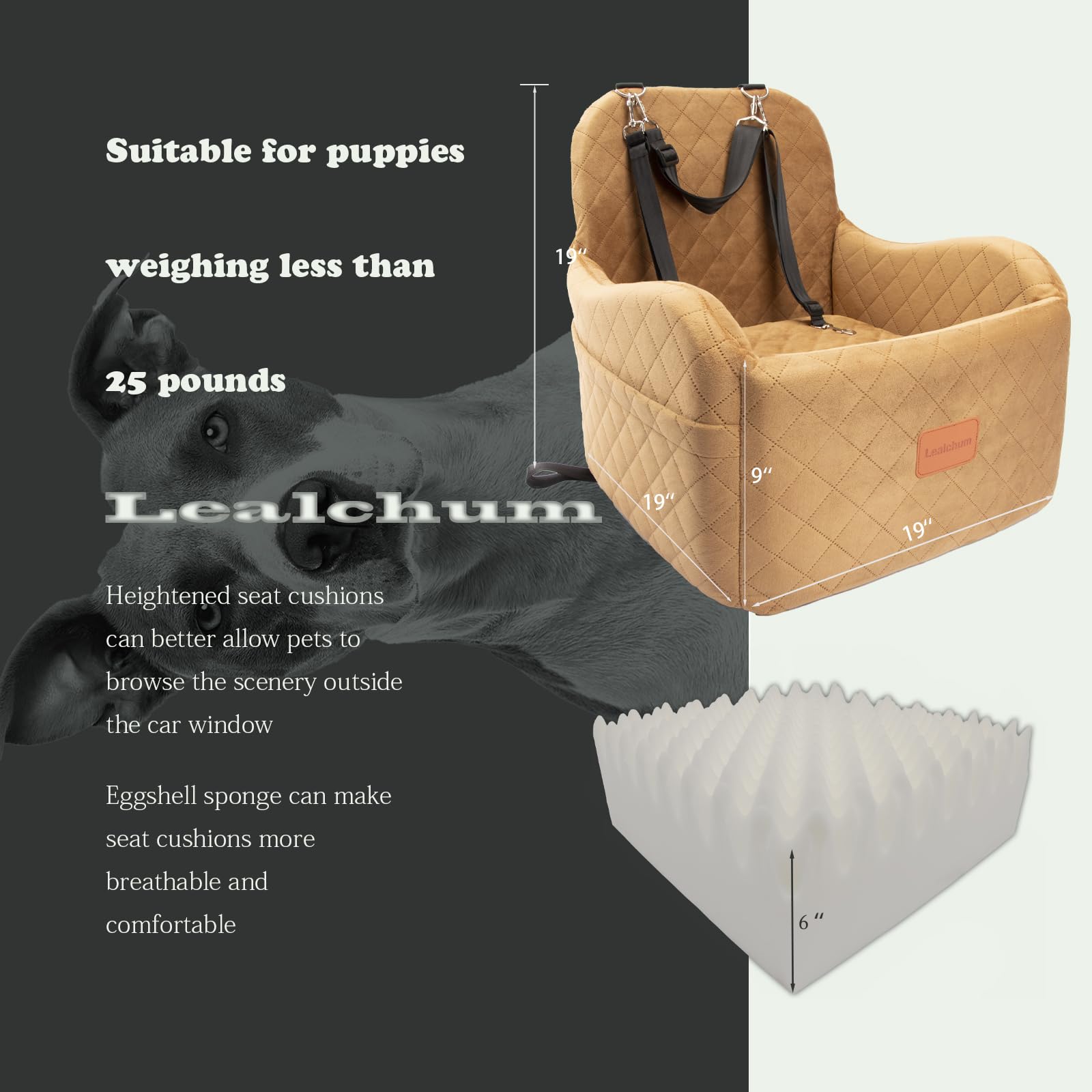 Lealchum Dog Booster Car Seat, Medium Coffee, Ultra Soft Memory Foam, Washable, Anti-Slip Base, Easy to Install, Model LESFT01