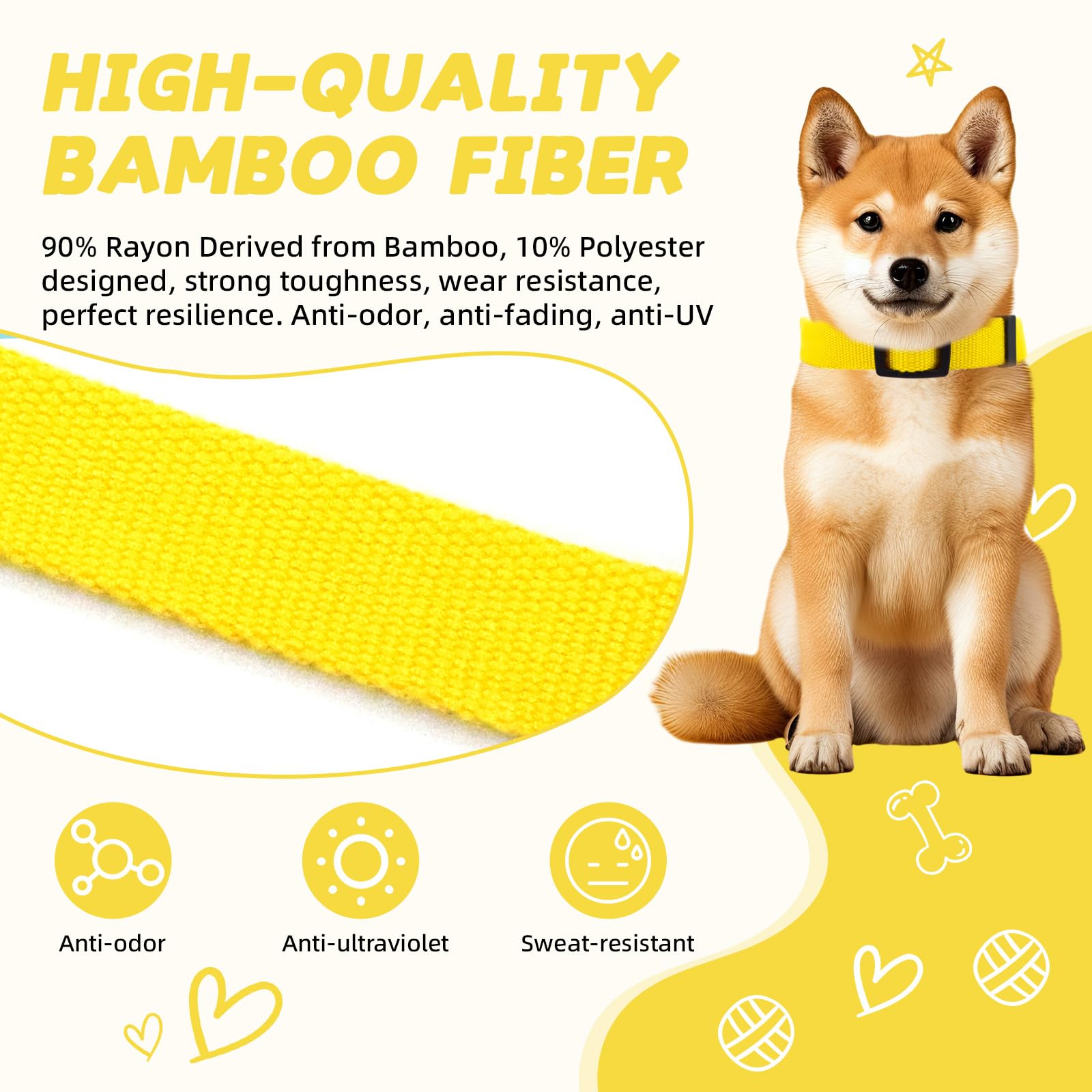 Yellow Dog Collar For Small Dogs, Breathable, Anti-Odor & Soft, Comfortable For Sensitive Skin Puppies, 90% Bamboo Rayon, Adjust