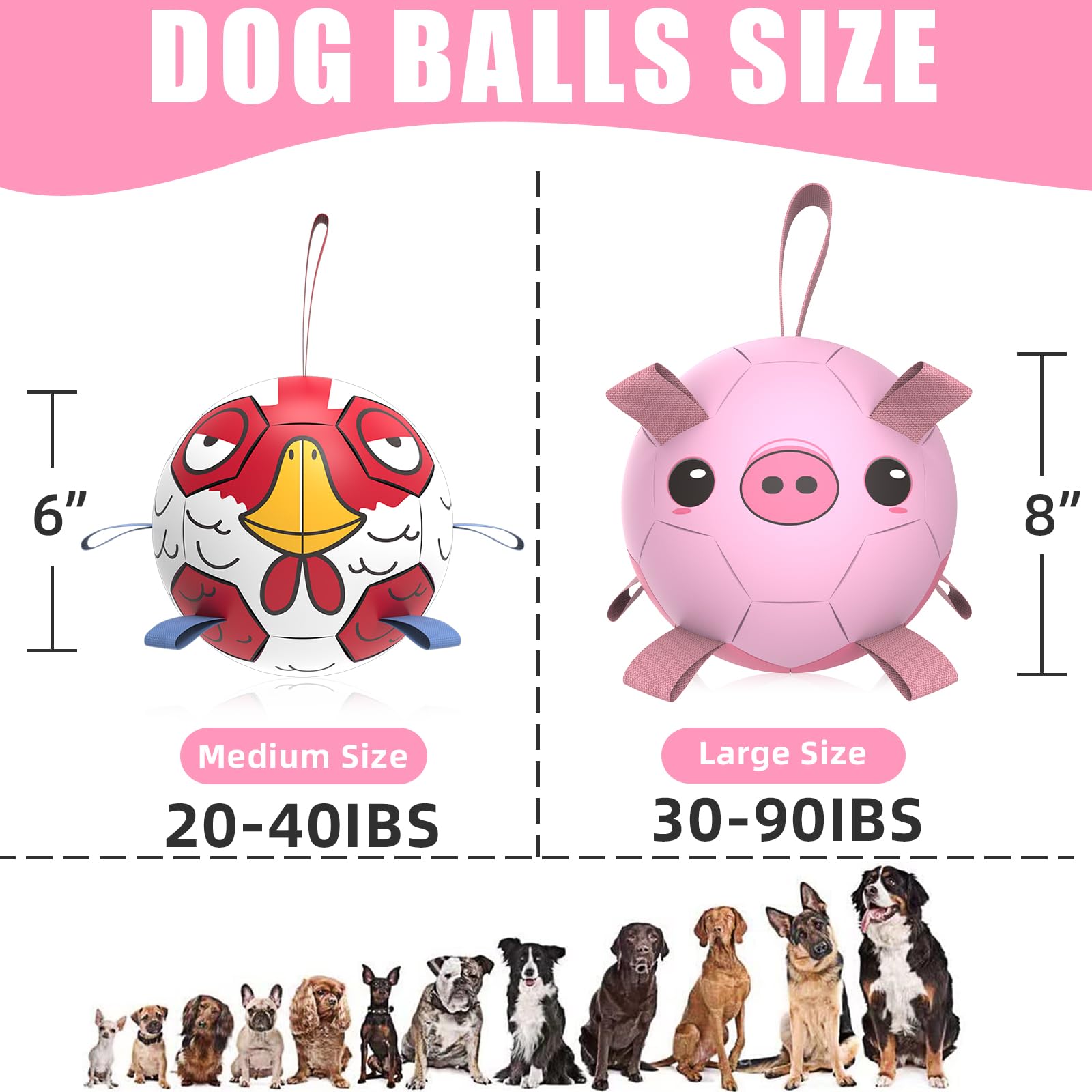 Qdan Dog Toys Soccer Ball With Straps, Interactive Toy For Tug Of War & Fetch, Puppy Birthday Gift, Medium & Large Dog - Pink Pi