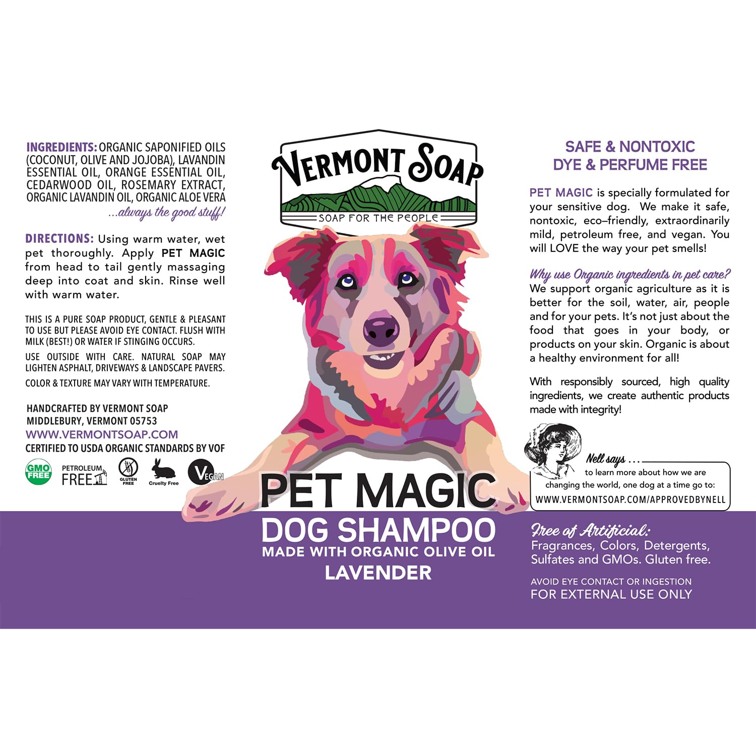 Vermont Soap Organics Pet Shampoo - Infused With Organic & Natural Olive Oil, Coconut & Aloe Vera Dog Shampoo For Sensitive Skin