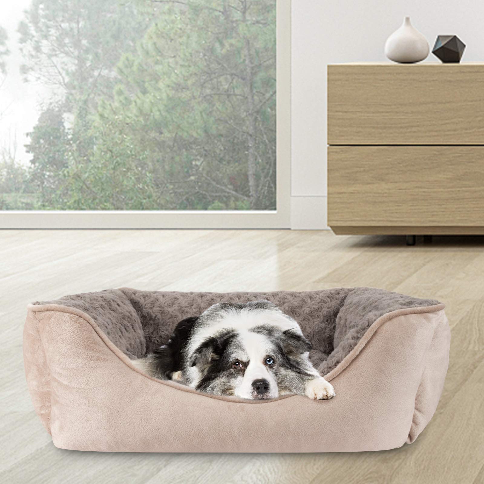 Joejoy Rectangle Dog Bed For Large Medium Small Dogs Machine Washable Sleeping Sofa Non-Slip Bottom Breathable Soft Puppy Bed Durable Orthopedic Calming Pet Cuddler, Multiple Size, Beige