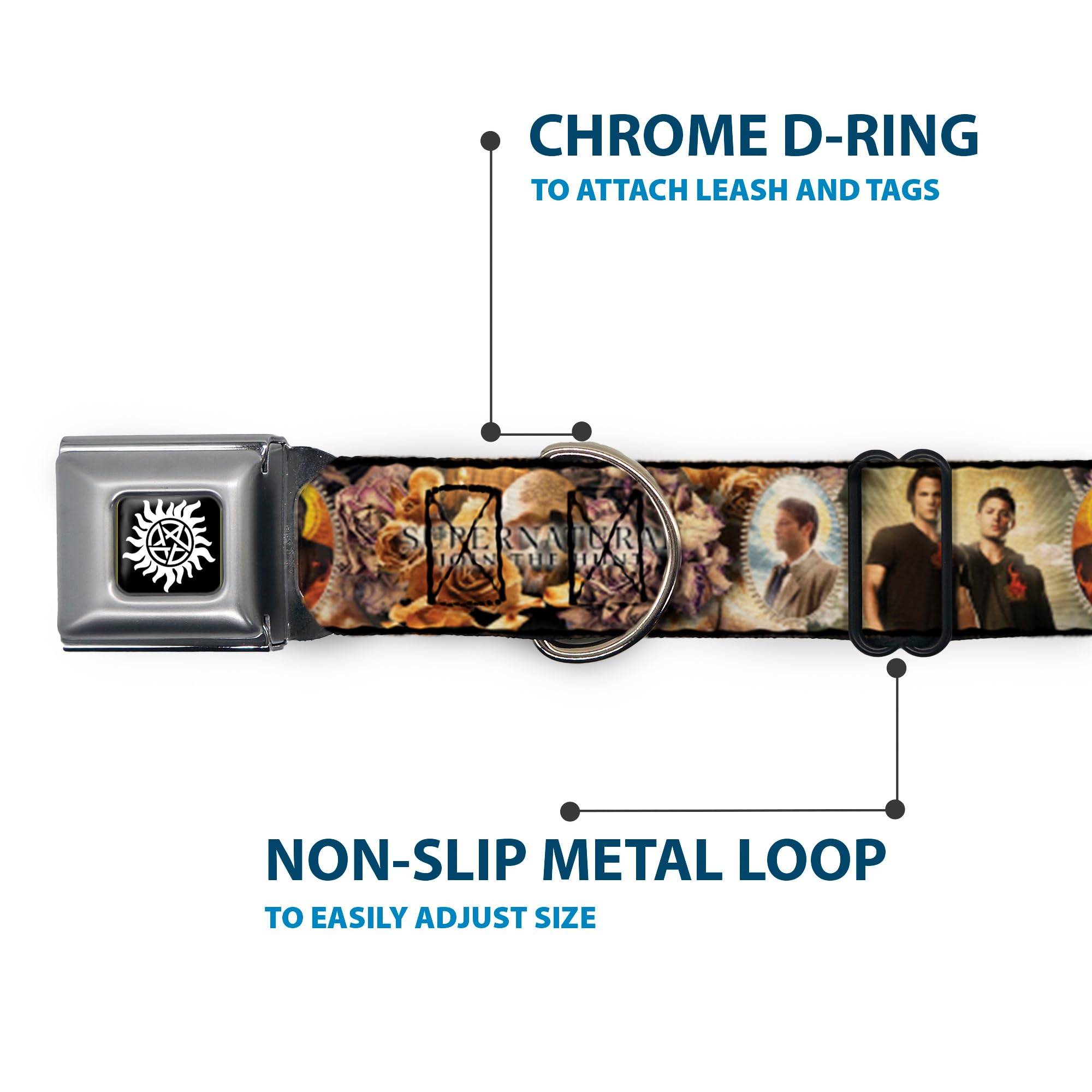 Dog Collar Seatbelt Buckle Supernatural 4 Character Saintly Icons Skull Roses 16 To 23 Inches 1.5 Inch Wide