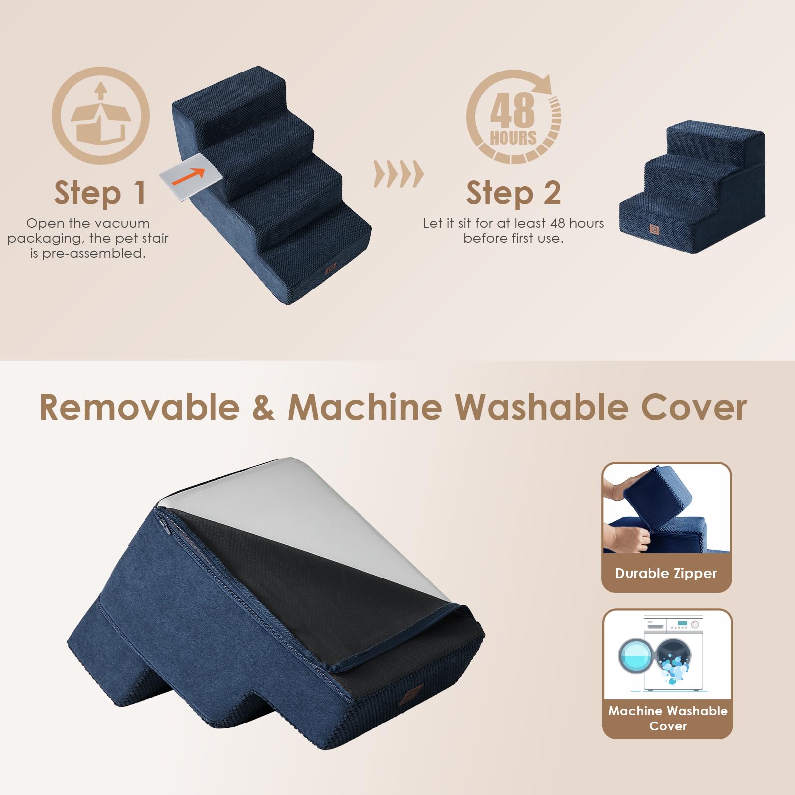 Eheyciga Dog Stairs For Small Dogs 13.5' H, 3-Step Dog Steps For Couch Sofa And Chair, Pet Steps For Small Dogs And Cats, Non-Slip Balanced Dog Indoor Ramp, Navy Blue