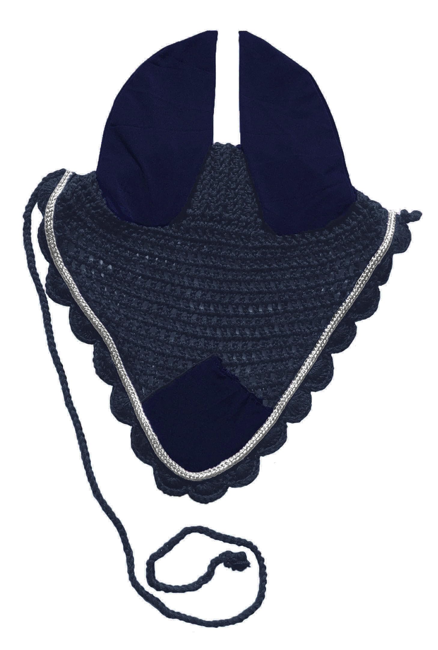 Crocheted Fly Hood Horse Ear Bonnet with Silver Metallic Piping Trim (Navy)