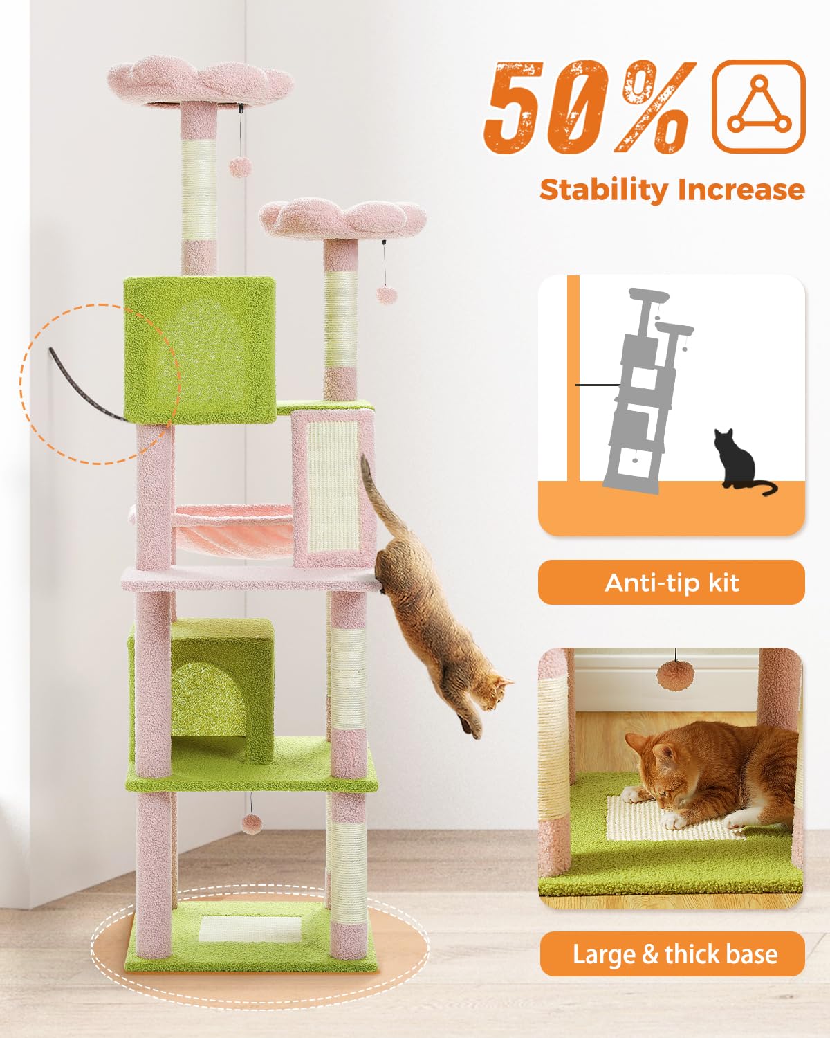 Muttros Flower Cat Tree, 70.9'' Tall Cat Tree For Indoor Cats, Large Cat Tree For Large Cats, Multi-Level Tall Cat Tower With 6