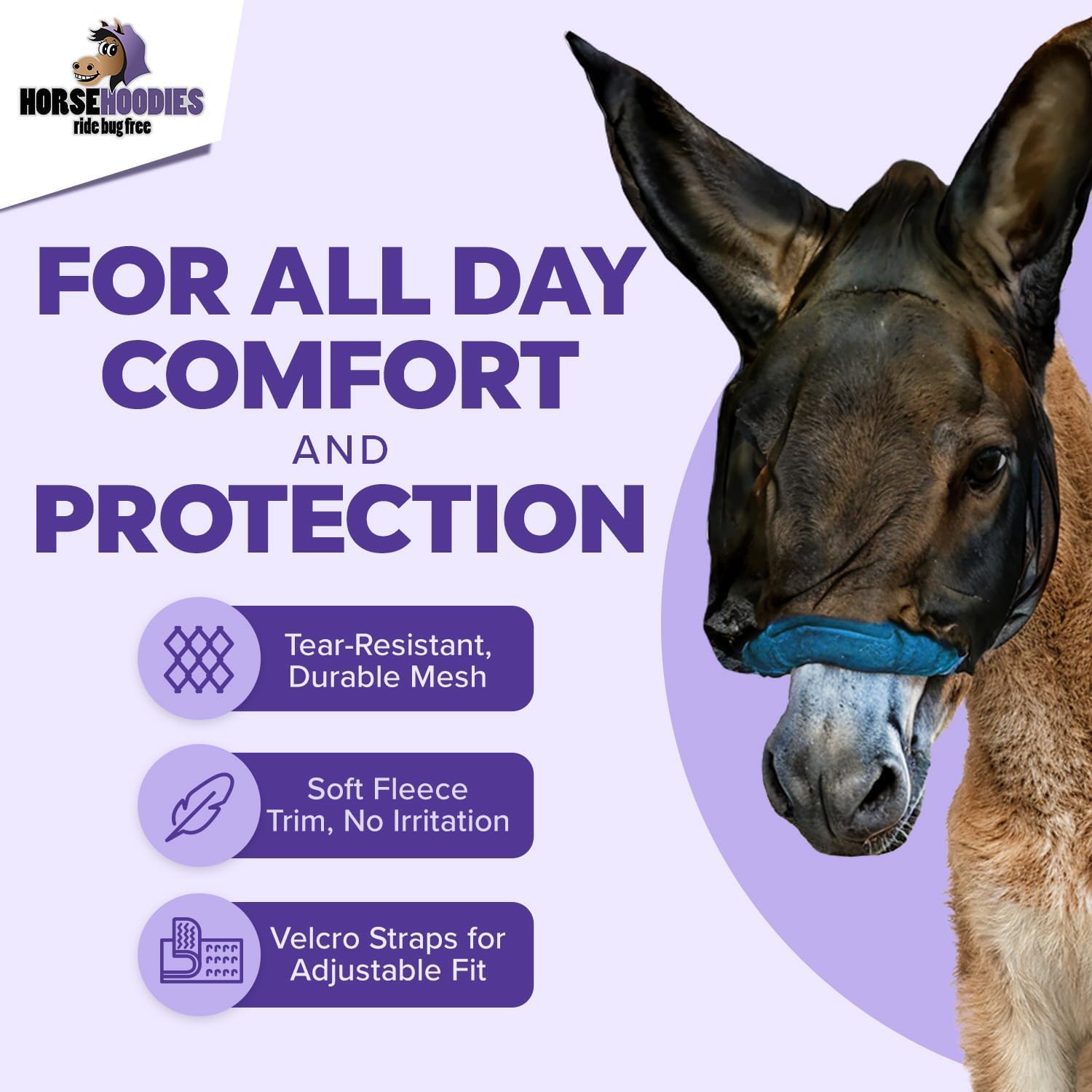 Donkey Fly Mask with Long Ears (Purple) Made in USA - Mule Fly Mask with Ears Protection from Insects and Bugs, Mini Donkey Soft