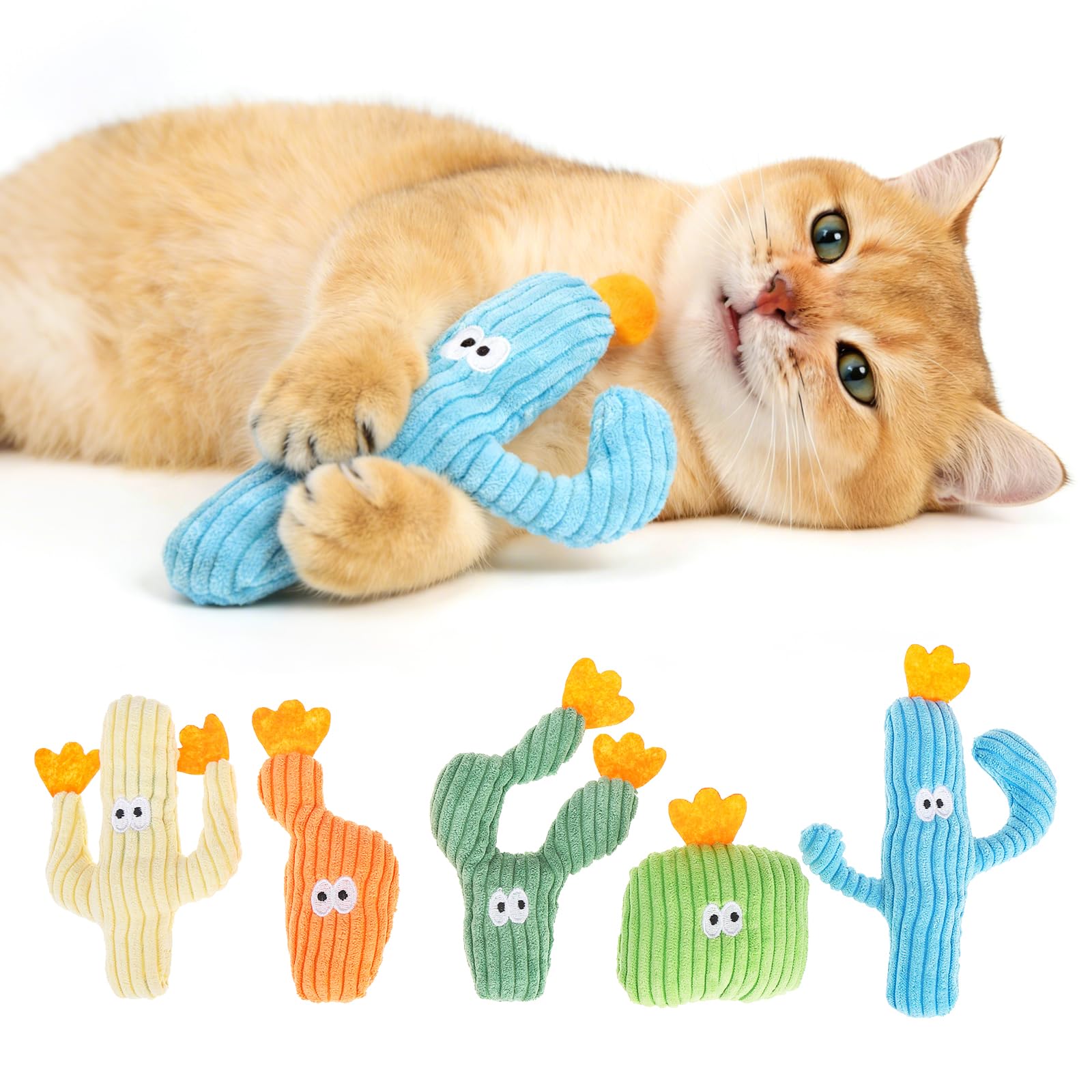 ESGPET Catnip Cat Toys, 5 Pack Cactus Cat Toys with Organic Catnip, Interactive Chew & Kick Toys for Indoor Cats, Plush Teething