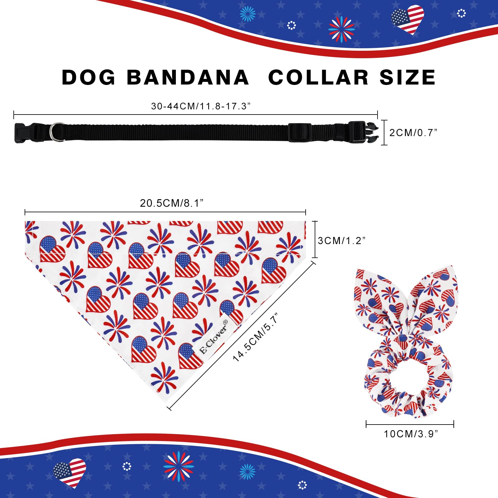 E-Clover 4Th Of July Dog Collar - American Flag Patriotic Dog Collars Bandana & Matching Scrunchie Adjustable Dogs Collars For X
