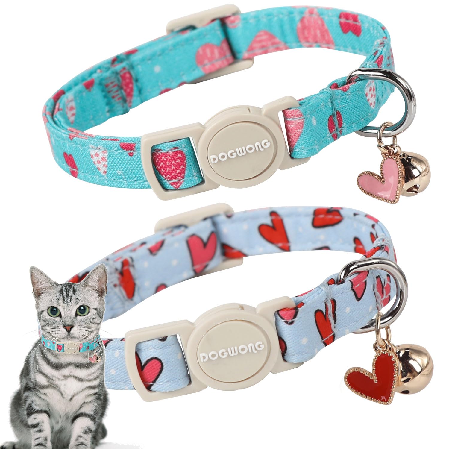 Cat Collar,2 Pack Cat Collars Breakaway With Bell, Dogwong Safety Buckle Valentine'S Day Cat Collar Blue Heart For Girl Boy Cats